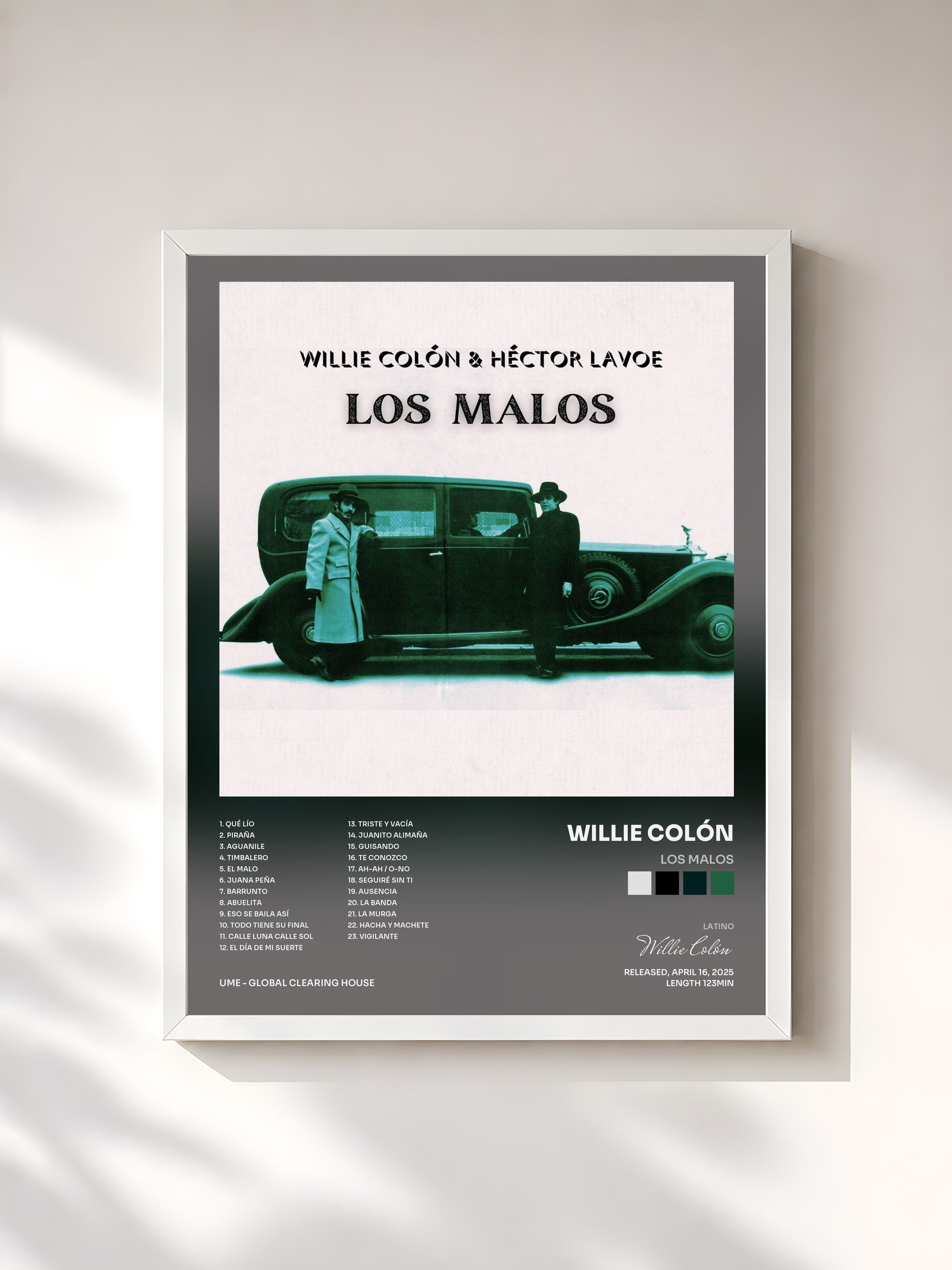 #blanc Tableau de l'album Los Malos de Willie Colón, cadre blanc, imprimé et encadré en France