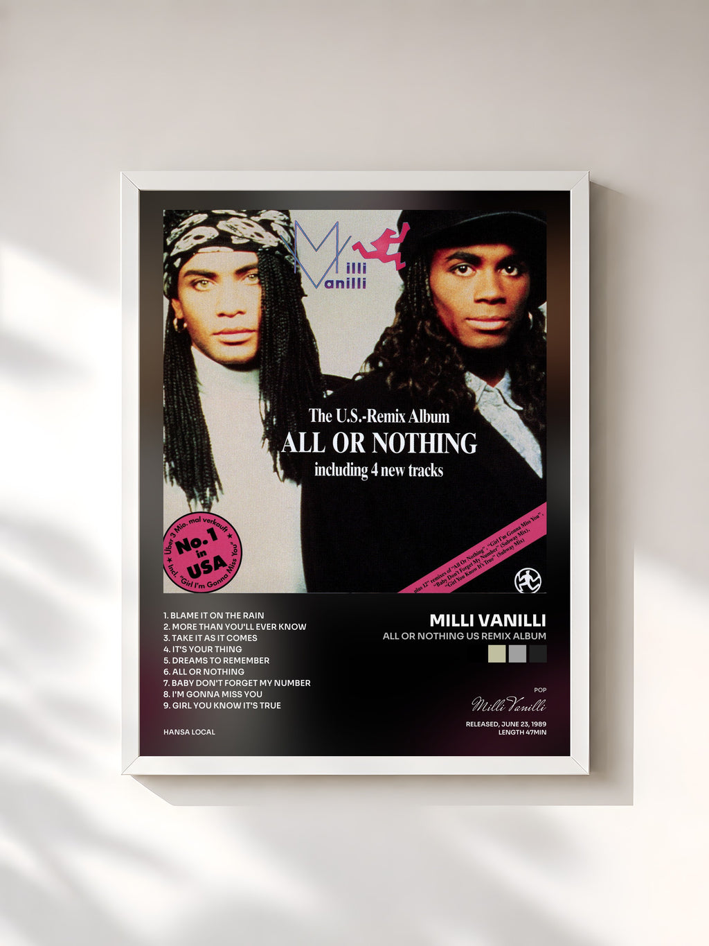#blanc All Or Nothing US Remix Album by Milli Vanilli as a framed art print, white frame, printed and framed in France