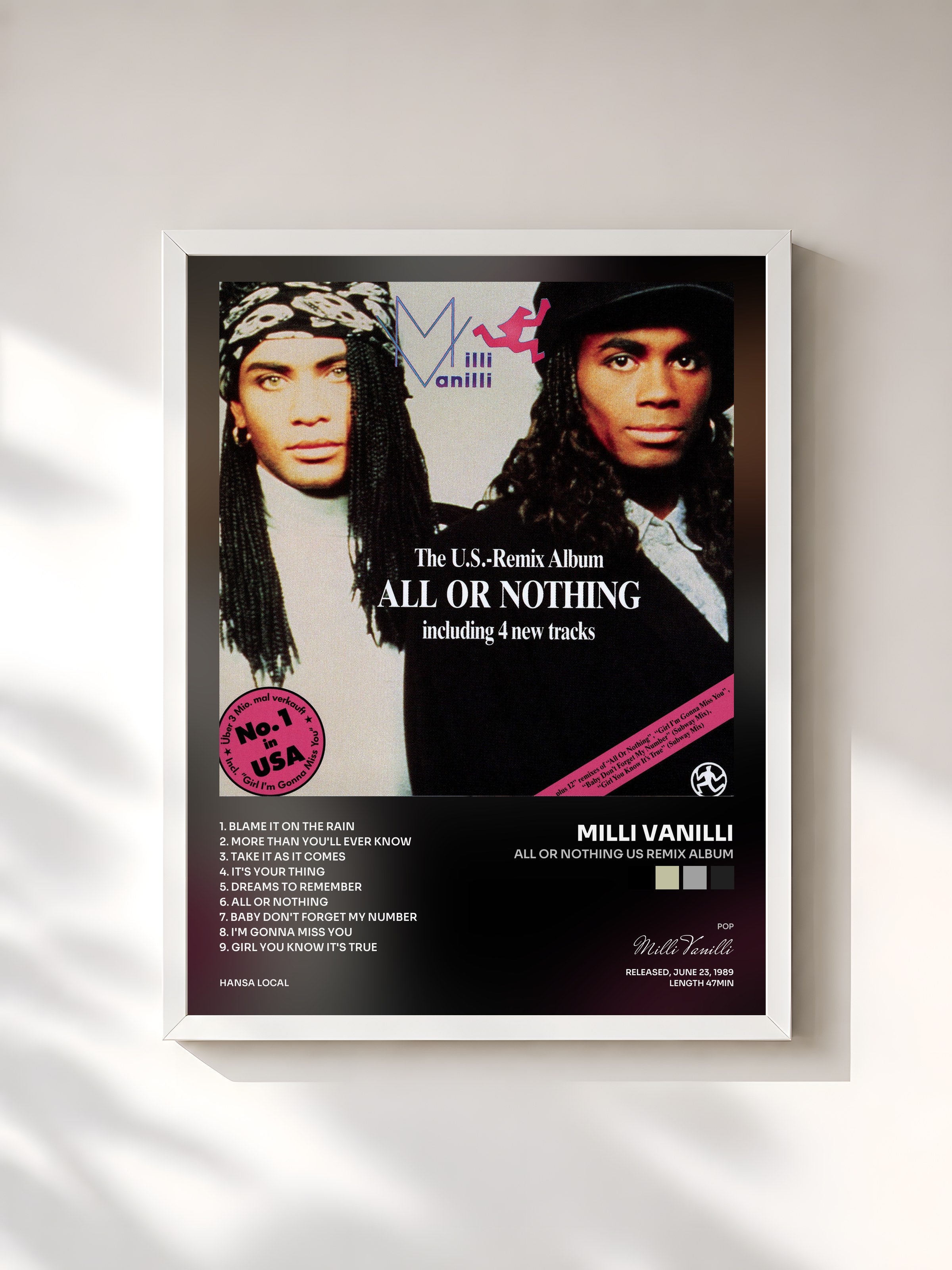#blanc Tableau de l'album All Or Nothing US Remix Album de Milli Vanilli, cadre blanc, imprimé et encadré en France