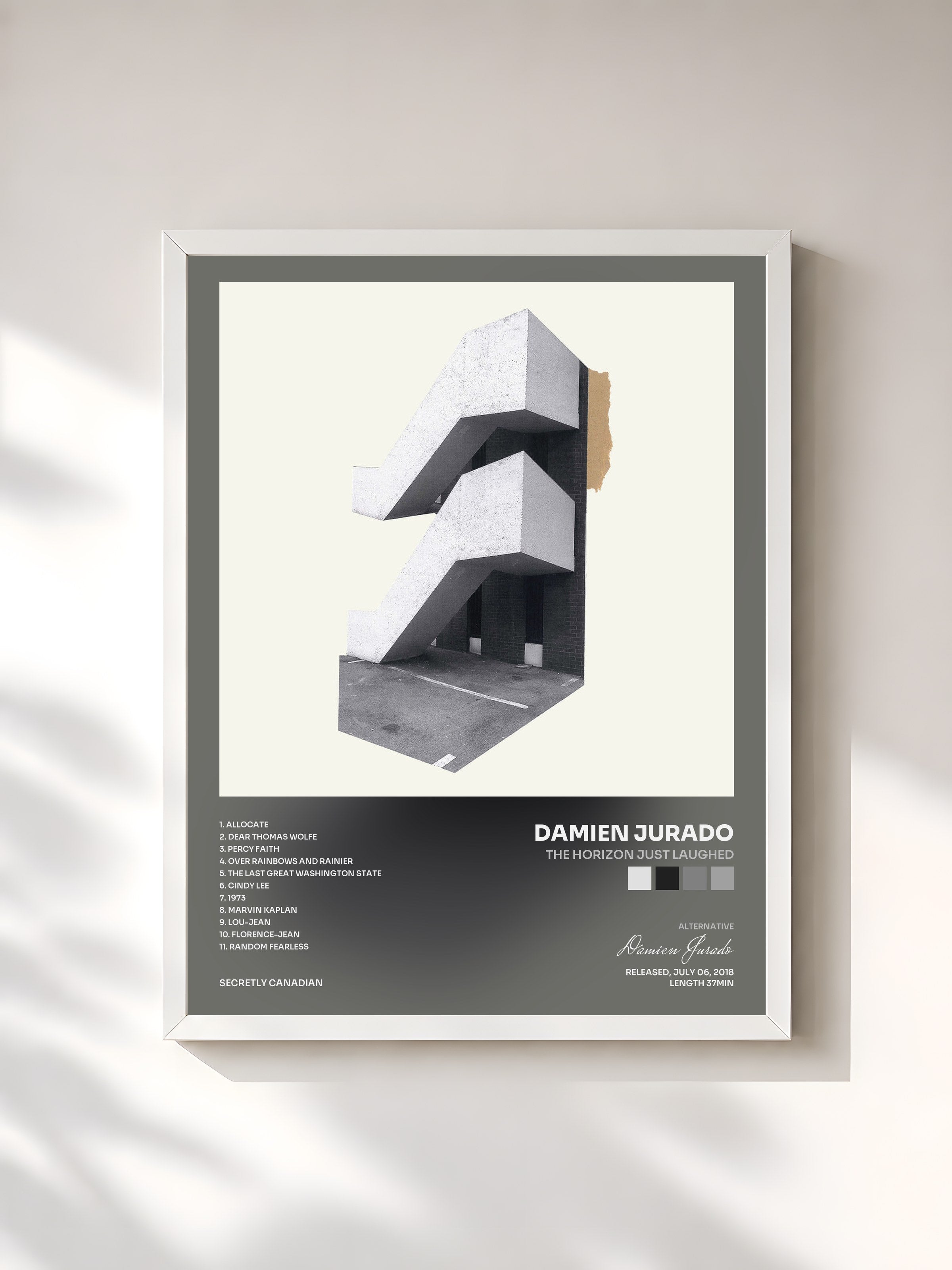#blanc Tableau de l'album The Horizon Just Laughed de Damien Jurado, cadre blanc, imprimé et encadré en France