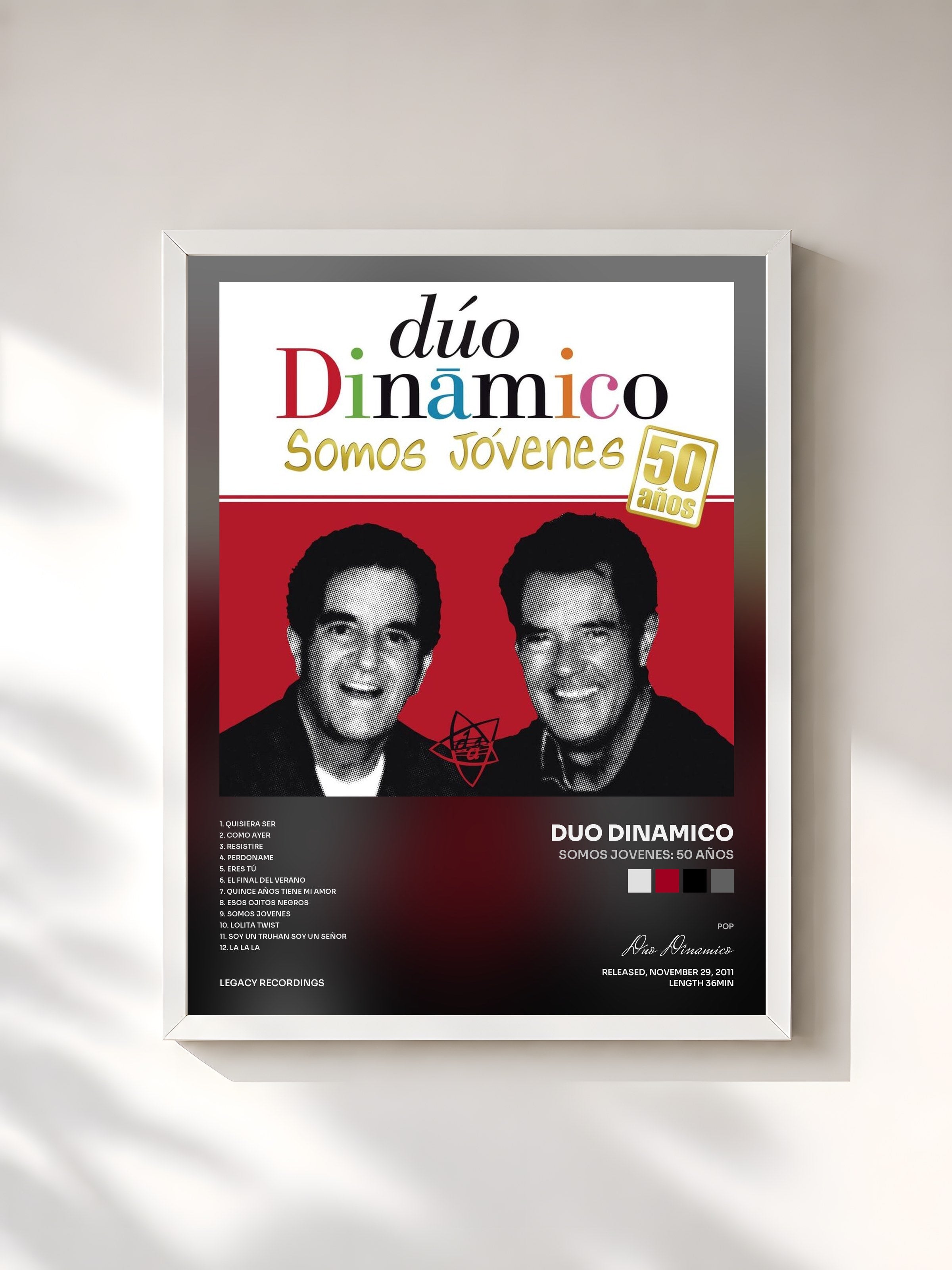 #blanc Tableau de l'album Somos Jovenes: 50 Años de Duo Dinamico, cadre blanc, imprimé et encadré en France