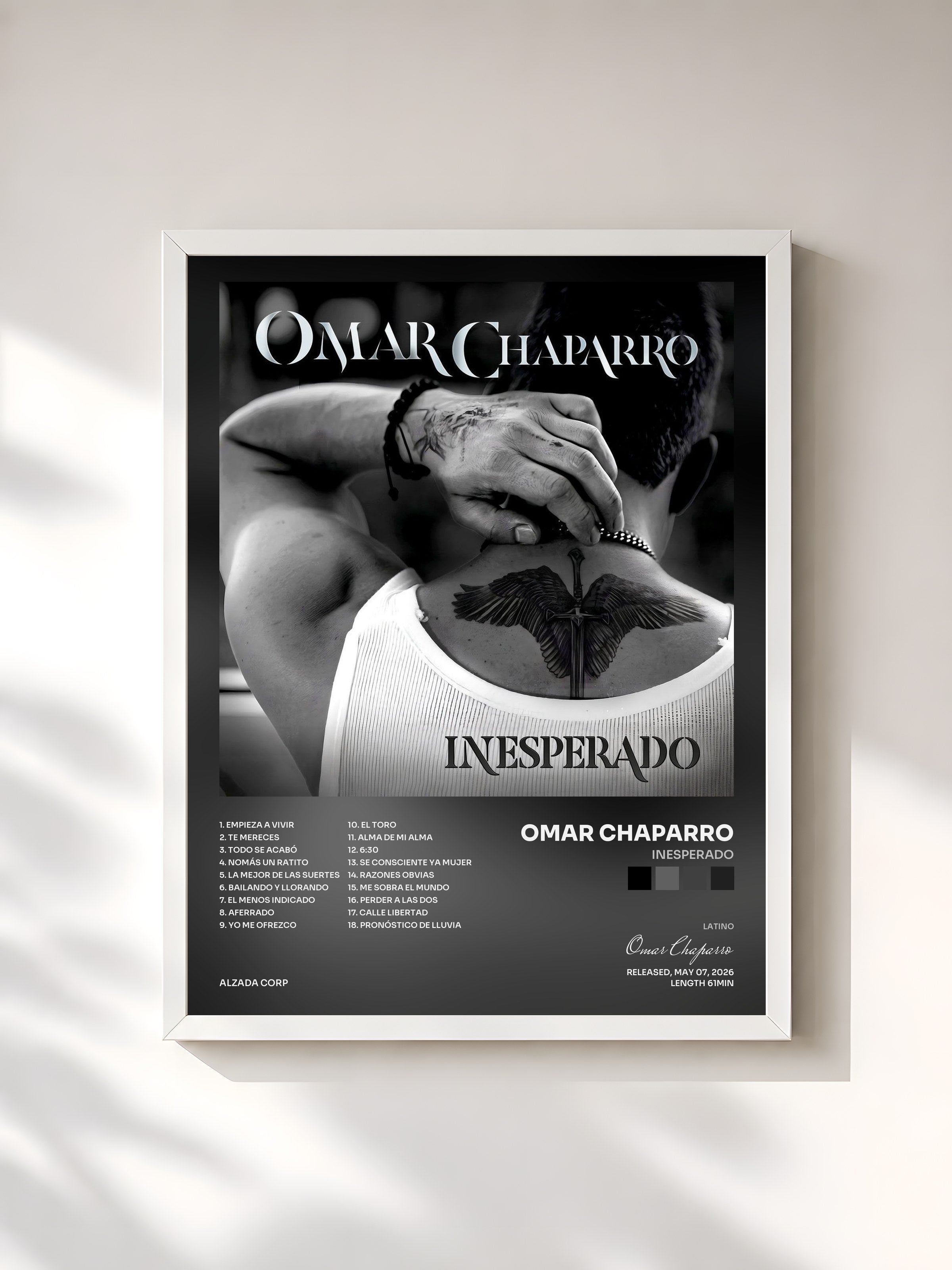 #blanc Tableau de l'album Inesperado de Omar Chaparro, cadre blanc, imprimé et encadré en France