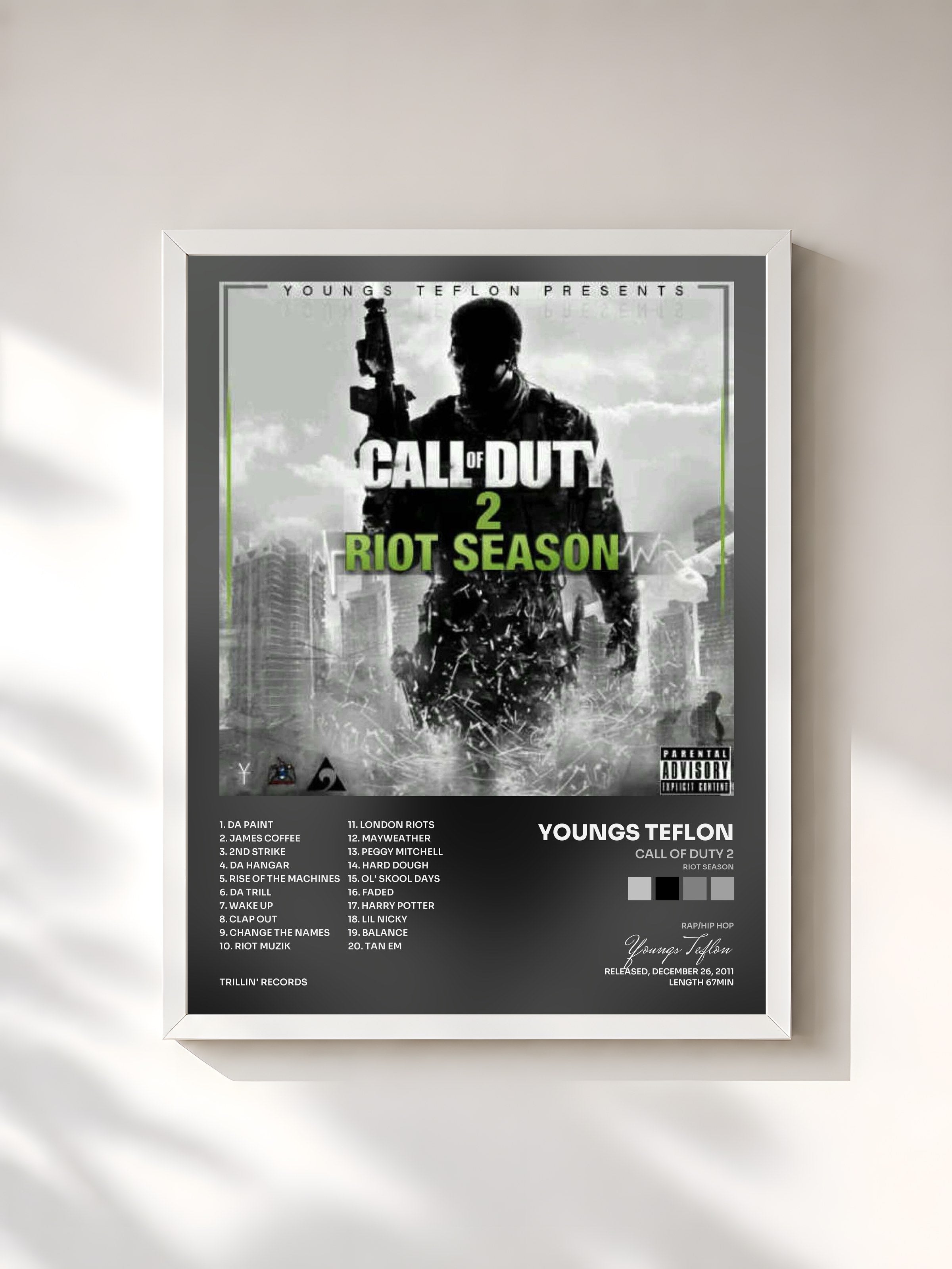 #blanc Tableau de l'album Call of Duty 2 (Riot Season) de Youngs Teflon, cadre blanc, imprimé et encadré en France