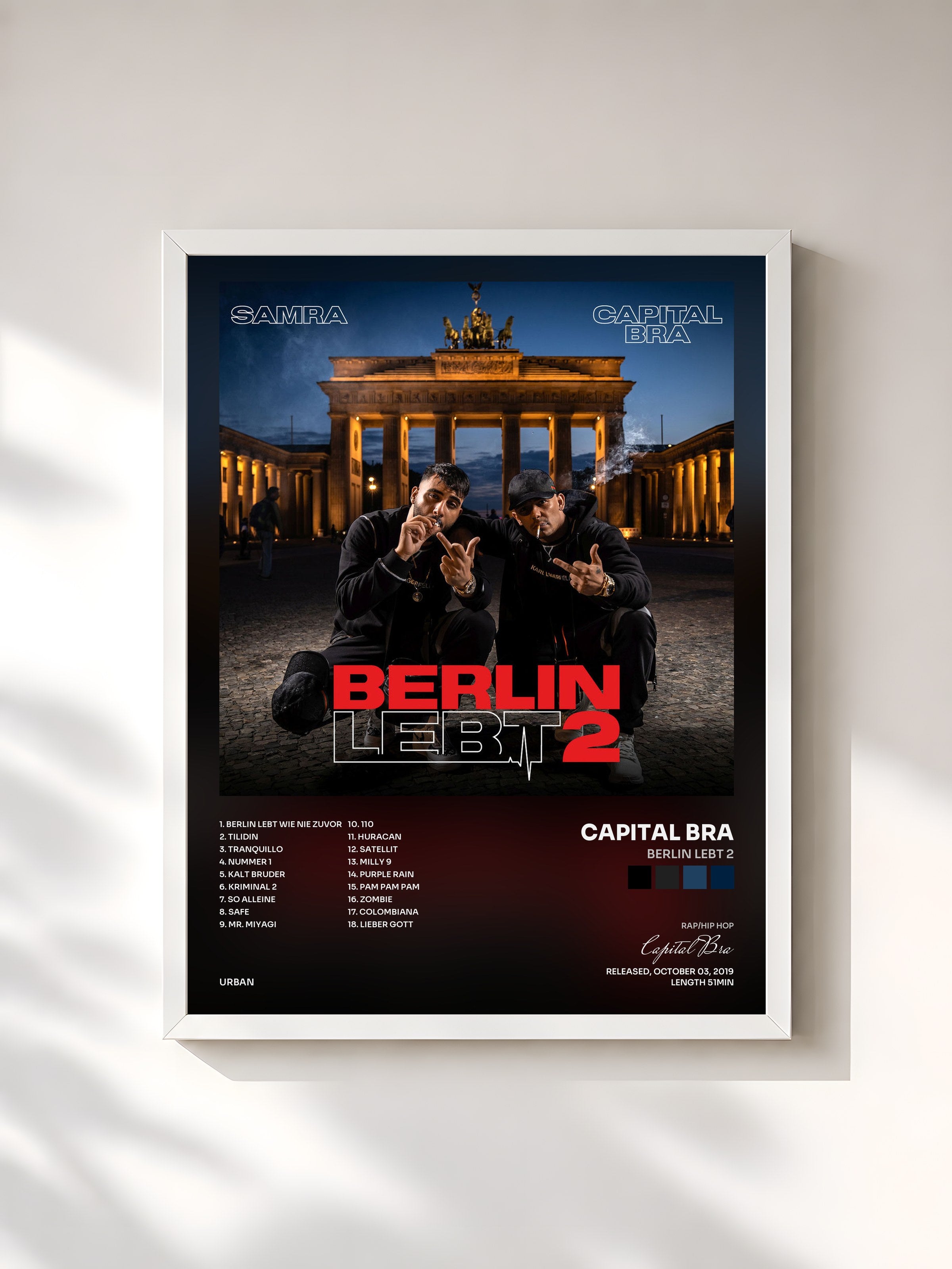 #blanc Tableau de l'album Berlin lebt 2 de Capital Bra, cadre blanc, imprimé et encadré en France