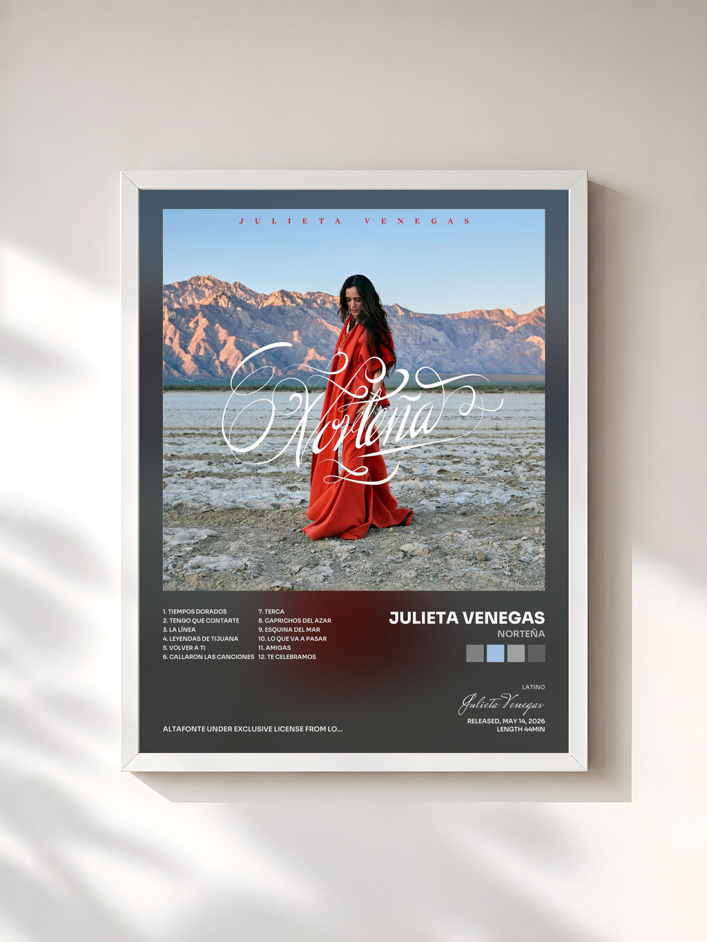 #blanc Tableau de l'album Norteña de Julieta Venegas, cadre blanc, imprimé et encadré en France