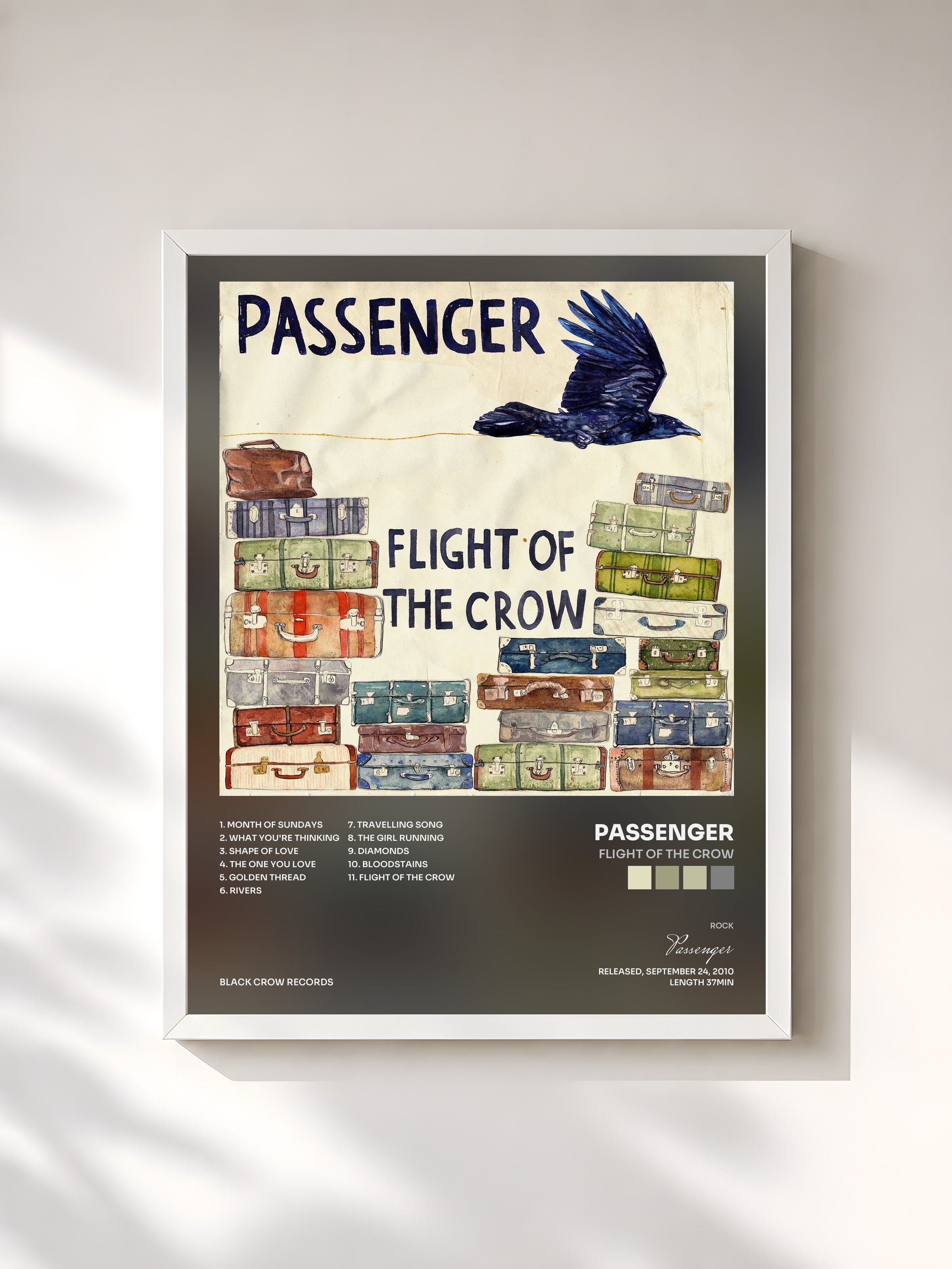 #blanc Tableau de l'album Flight of the Crow de Passenger, cadre blanc, imprimé et encadré en France