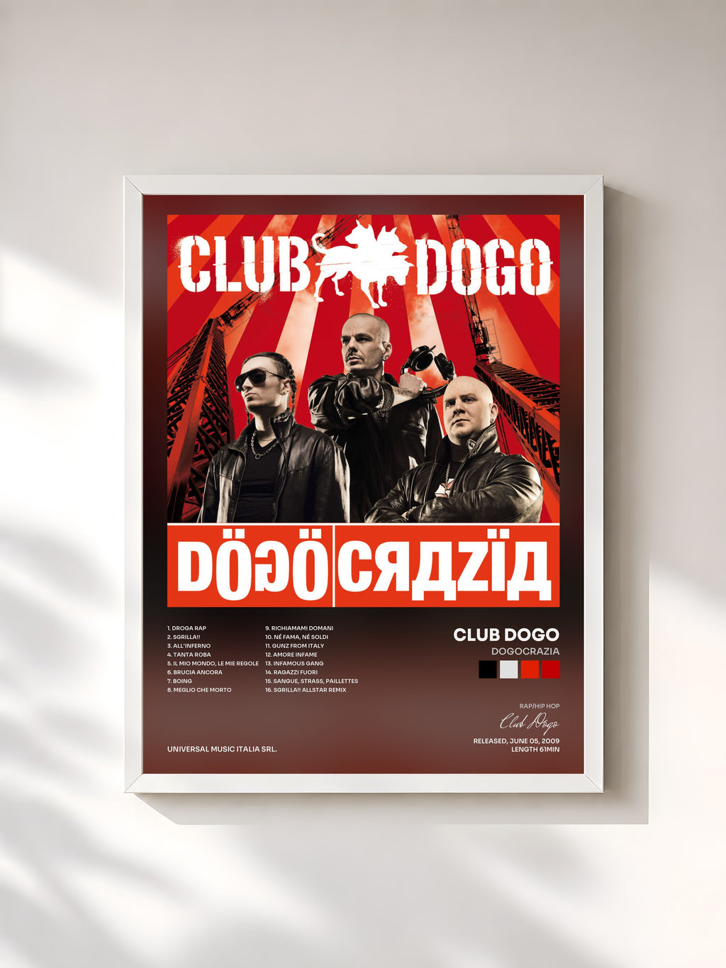 #blanc Dogocrazia by Club Dogo as a framed art print, white frame, printed and framed in France