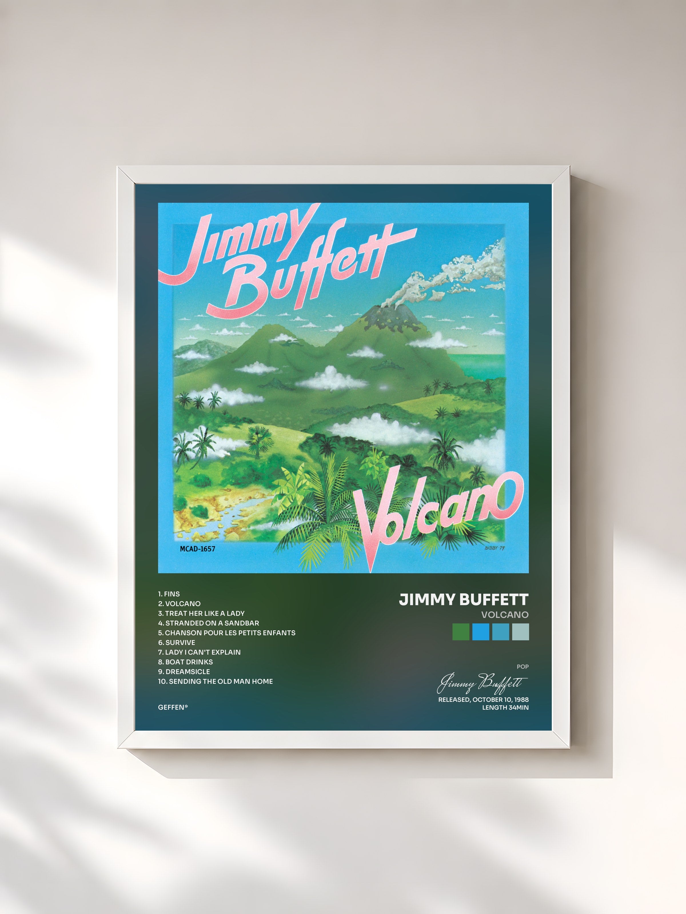#blanc Tableau de l'album Volcano de Jimmy Buffett, cadre blanc, imprimé et encadré en France