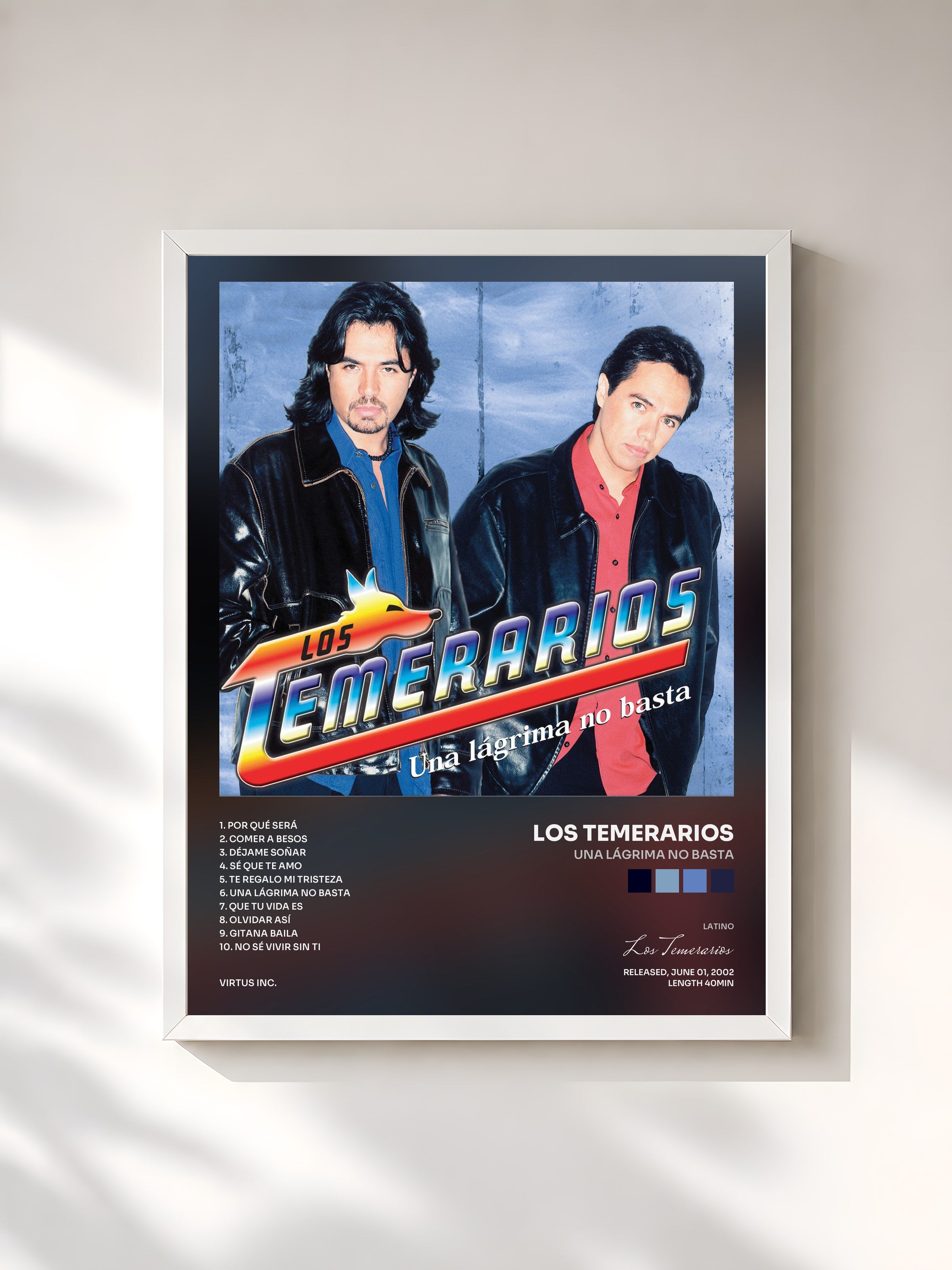 #blanc Tableau de l'album Una Lágrima No Basta de Los Temerarios, cadre blanc, imprimé et encadré en France