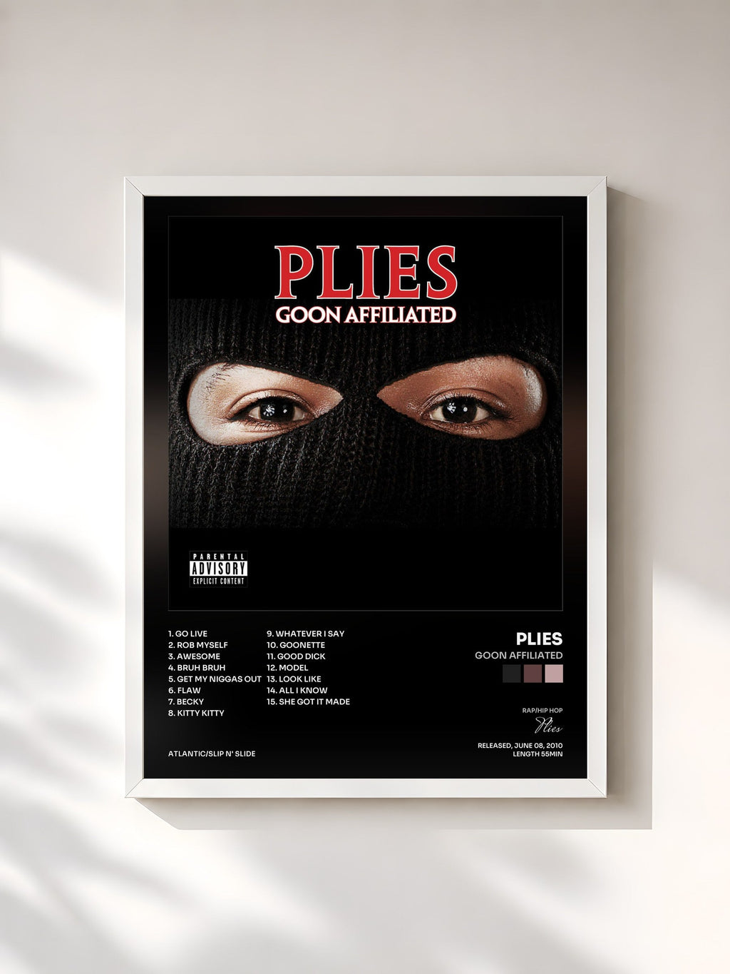#blanc Goon Affiliated de Plies en lámina enmarcada, marco blanco, impresa y enmarcada en Francia