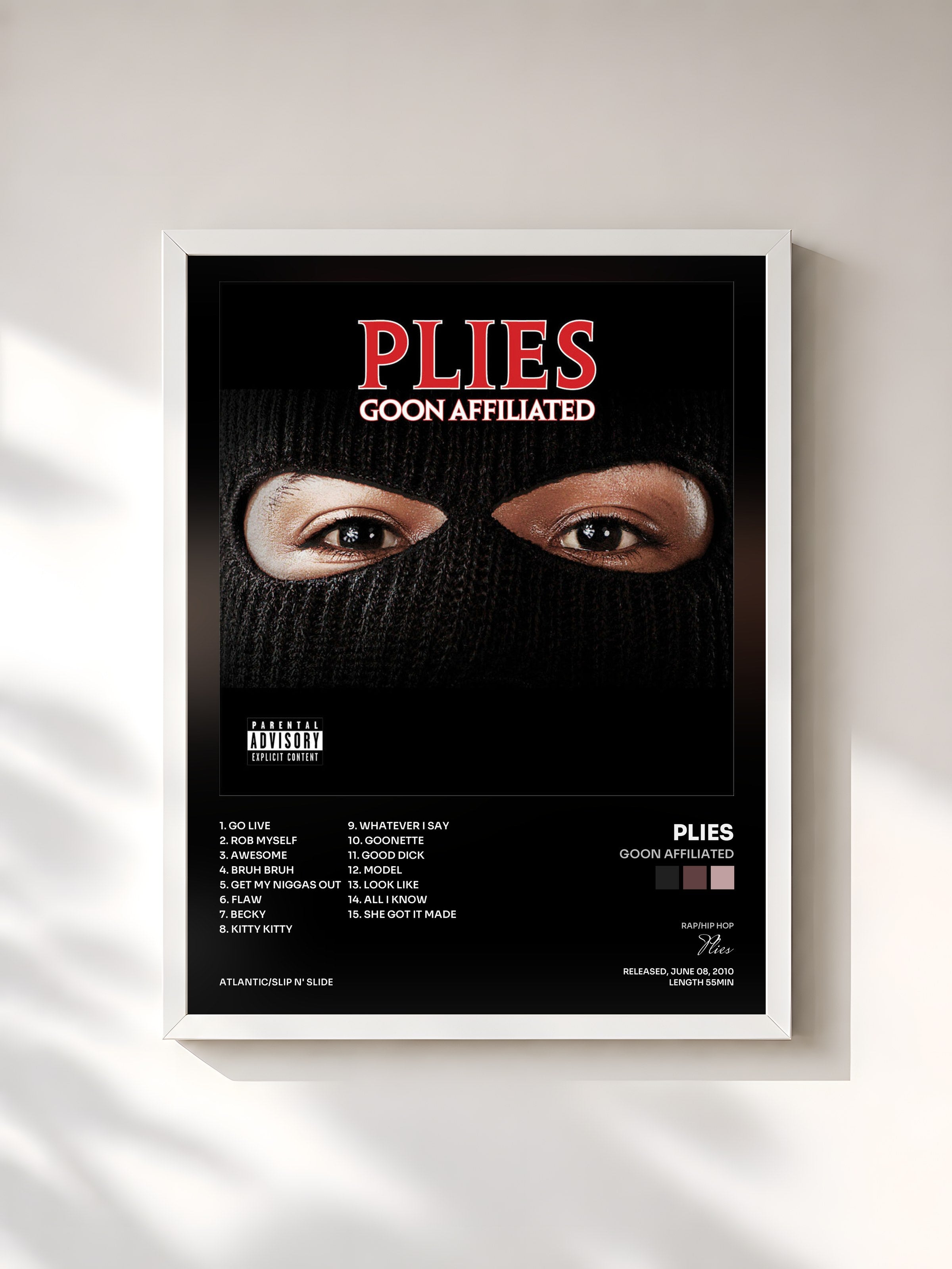 #blanc Tableau de l'album Goon Affiliated de Plies, cadre blanc, imprimé et encadré en France