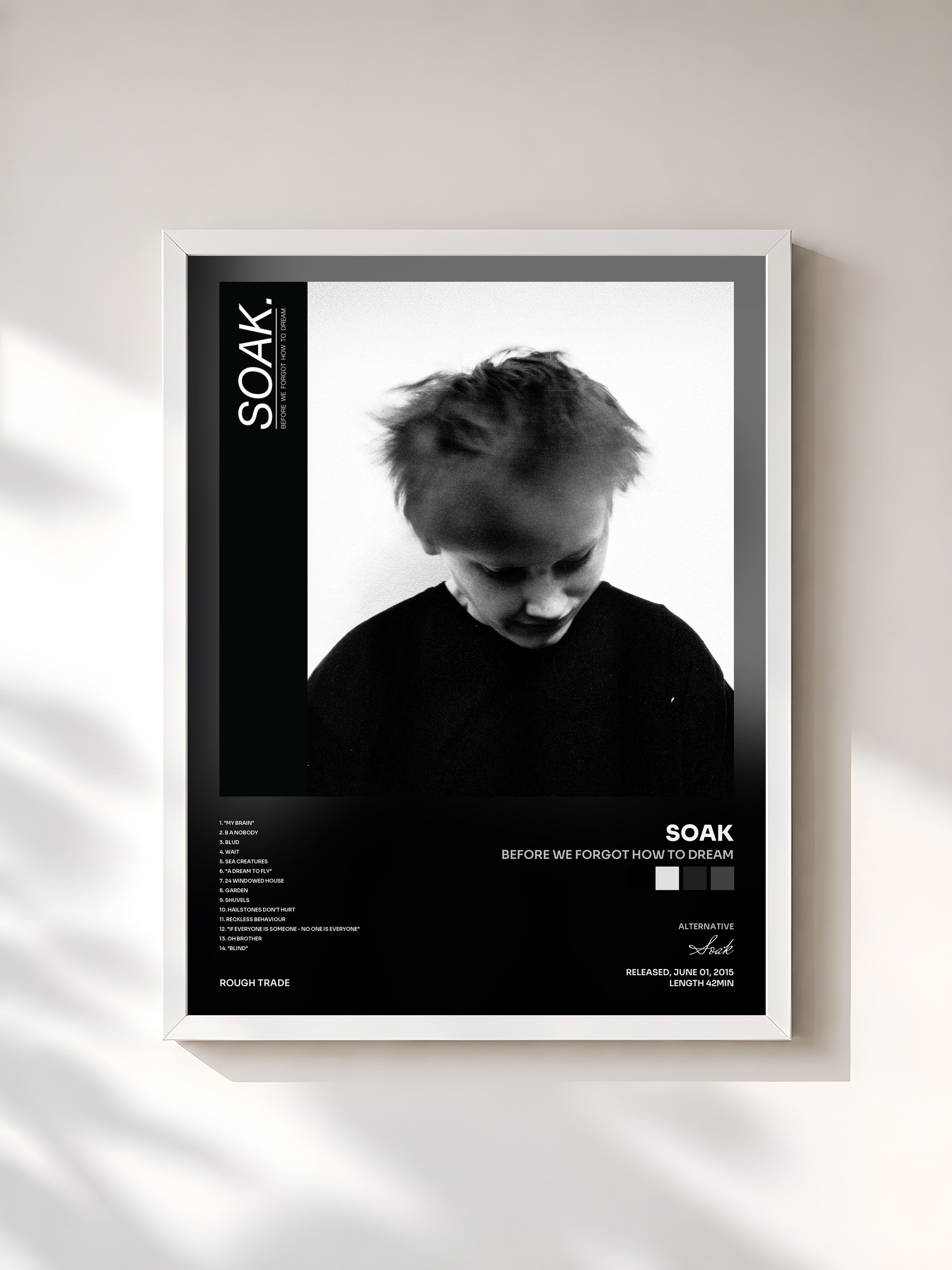 #blanc Tableau de l'album Before We Forgot How To Dream de Soak, cadre blanc, imprimé et encadré en France