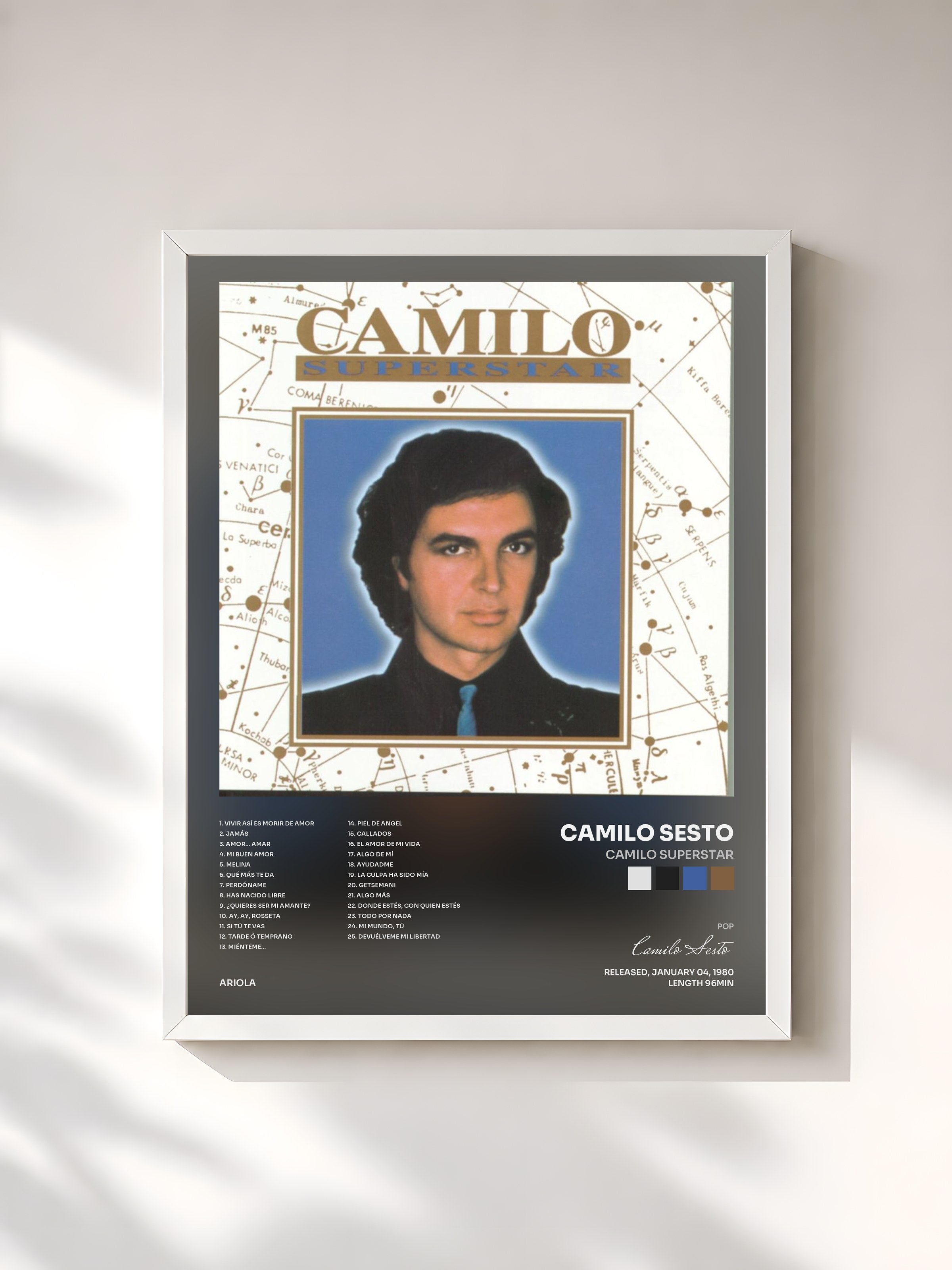 #blanc Tableau de l'album Camilo Superstar de Camilo Sesto, cadre blanc, imprimé et encadré en France