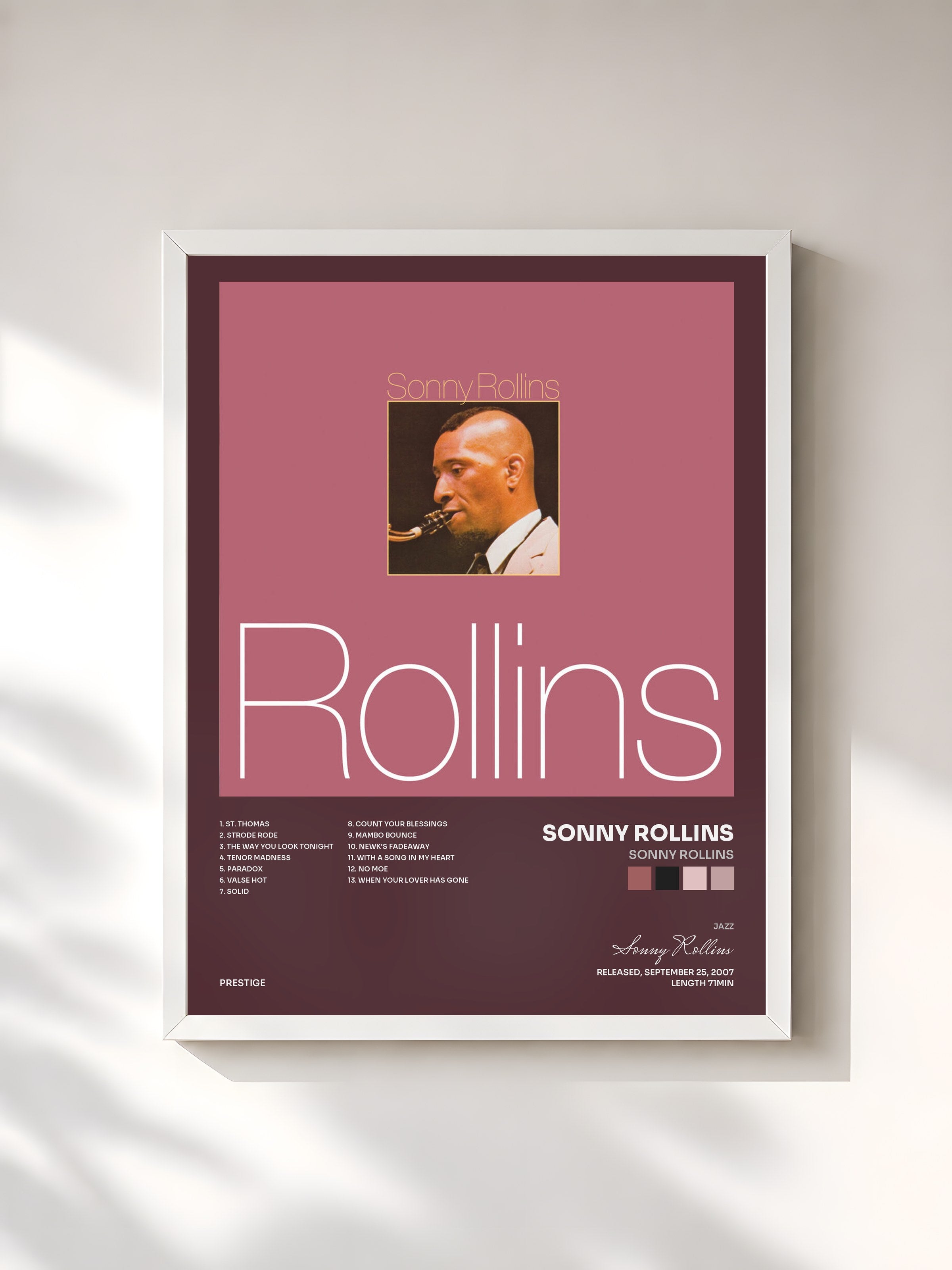 #blanc Tableau de l'album Sonny Rollins de Sonny Rollins, cadre blanc, imprimé et encadré en France