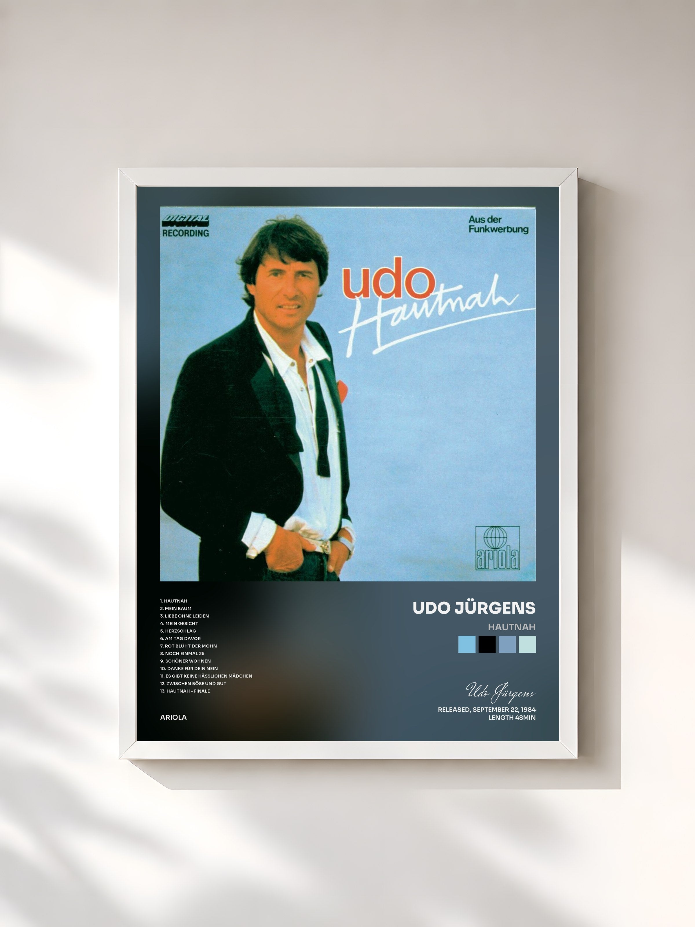 #blanc Tableau de l'album Hautnah de Udo Jürgens, cadre blanc, imprimé et encadré en France