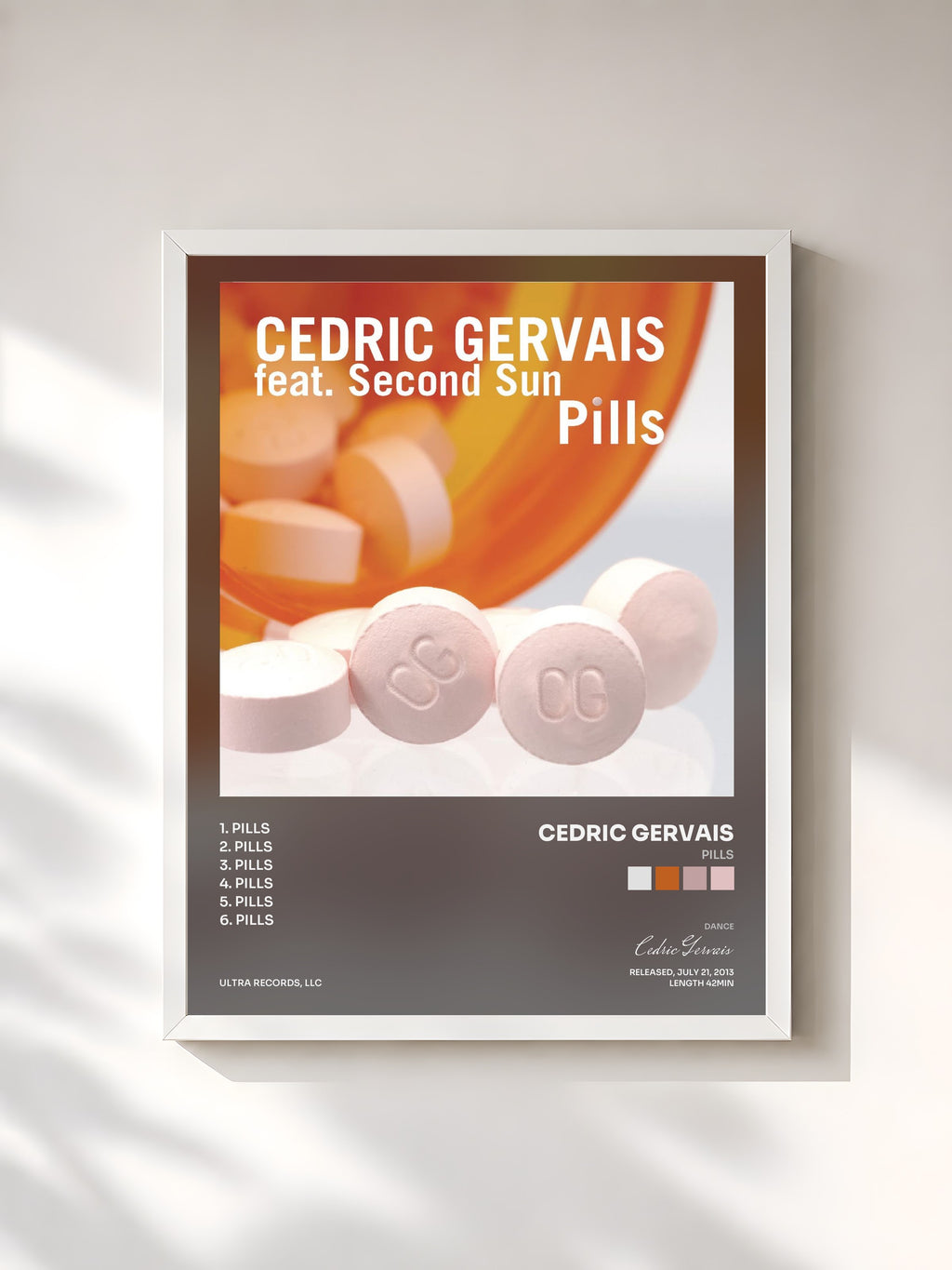 #blanc Tableau de l'album Pills de Cedric Gervais, cadre blanc, imprimé et encadré en France