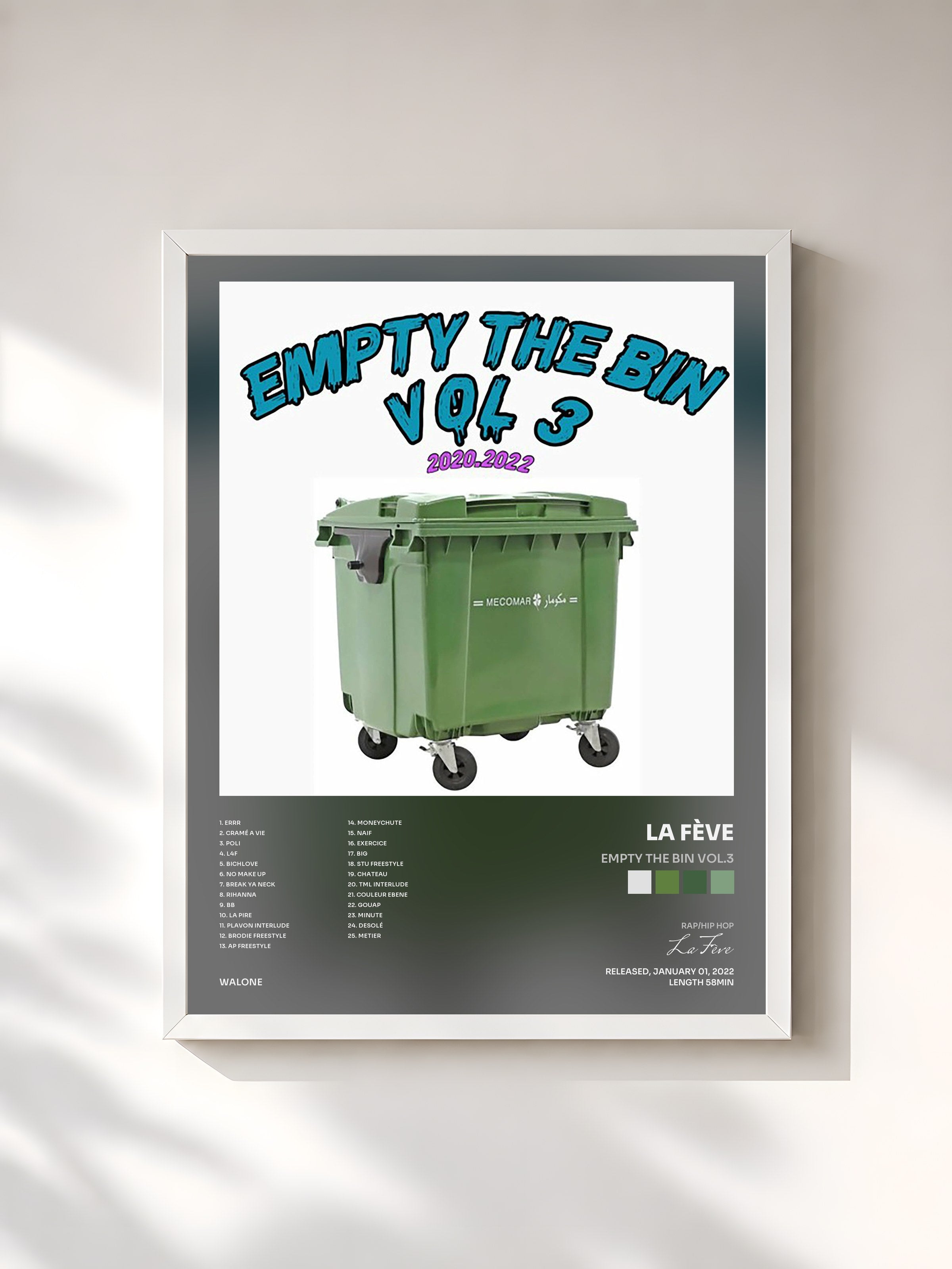 #blanc Tableau de l'album EMPTY THE BIN VOL.3 de La Fève, cadre blanc, imprimé et encadré en France