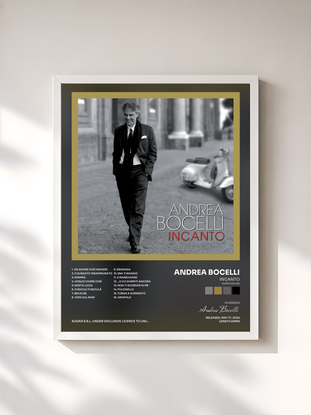 #blanc Tableau de l'album Incanto (Super Deluxe) de Andrea Bocelli, cadre blanc, imprimé et encadré en France