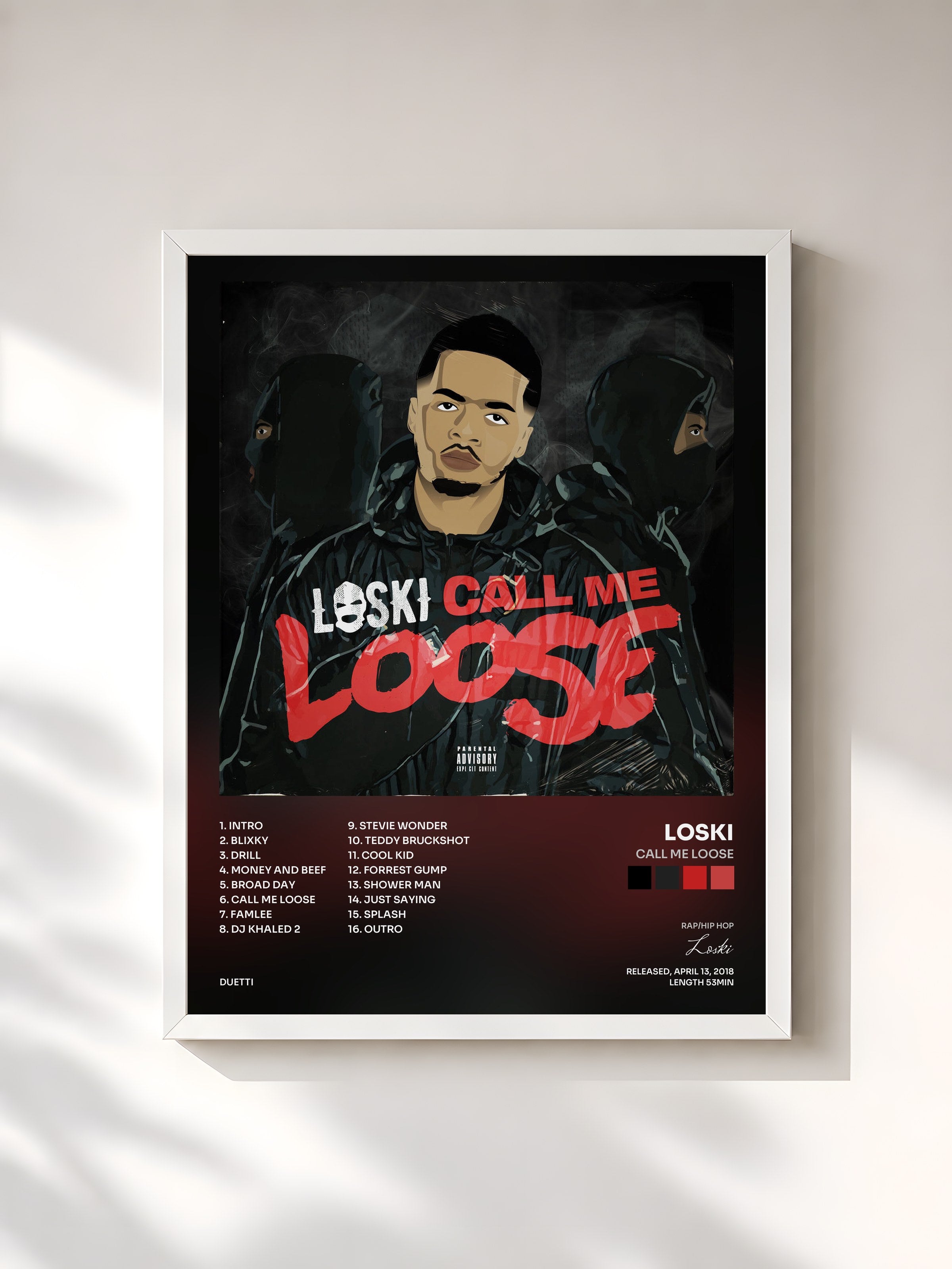 #blanc Tableau de l'album Call Me Loose de Loski, cadre blanc, imprimé et encadré en France