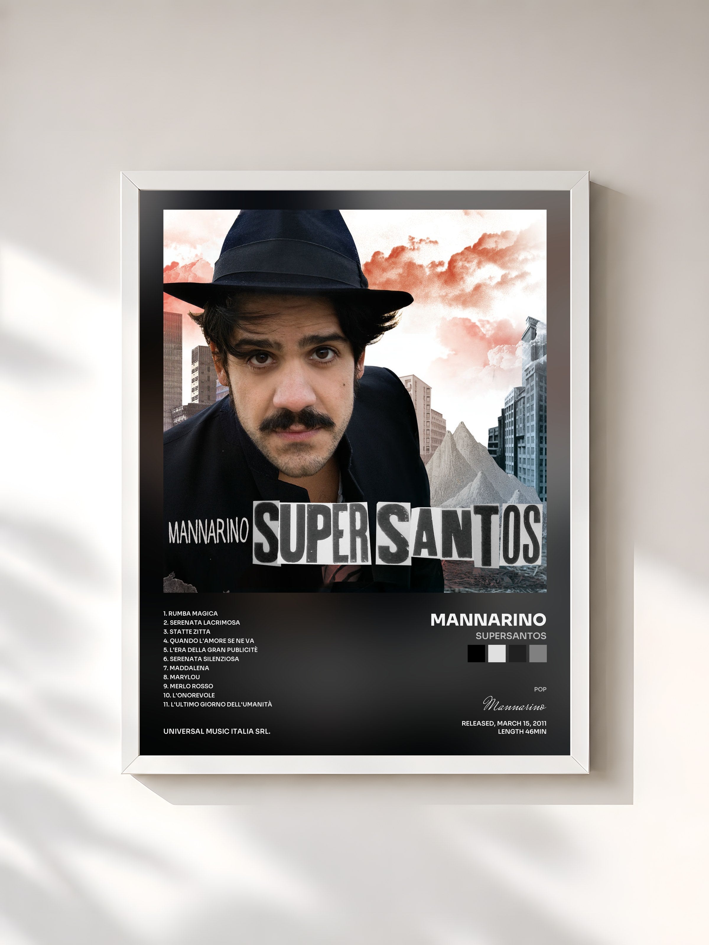 #blanc Tableau de l'album Supersantos de Mannarino, cadre blanc, imprimé et encadré en France