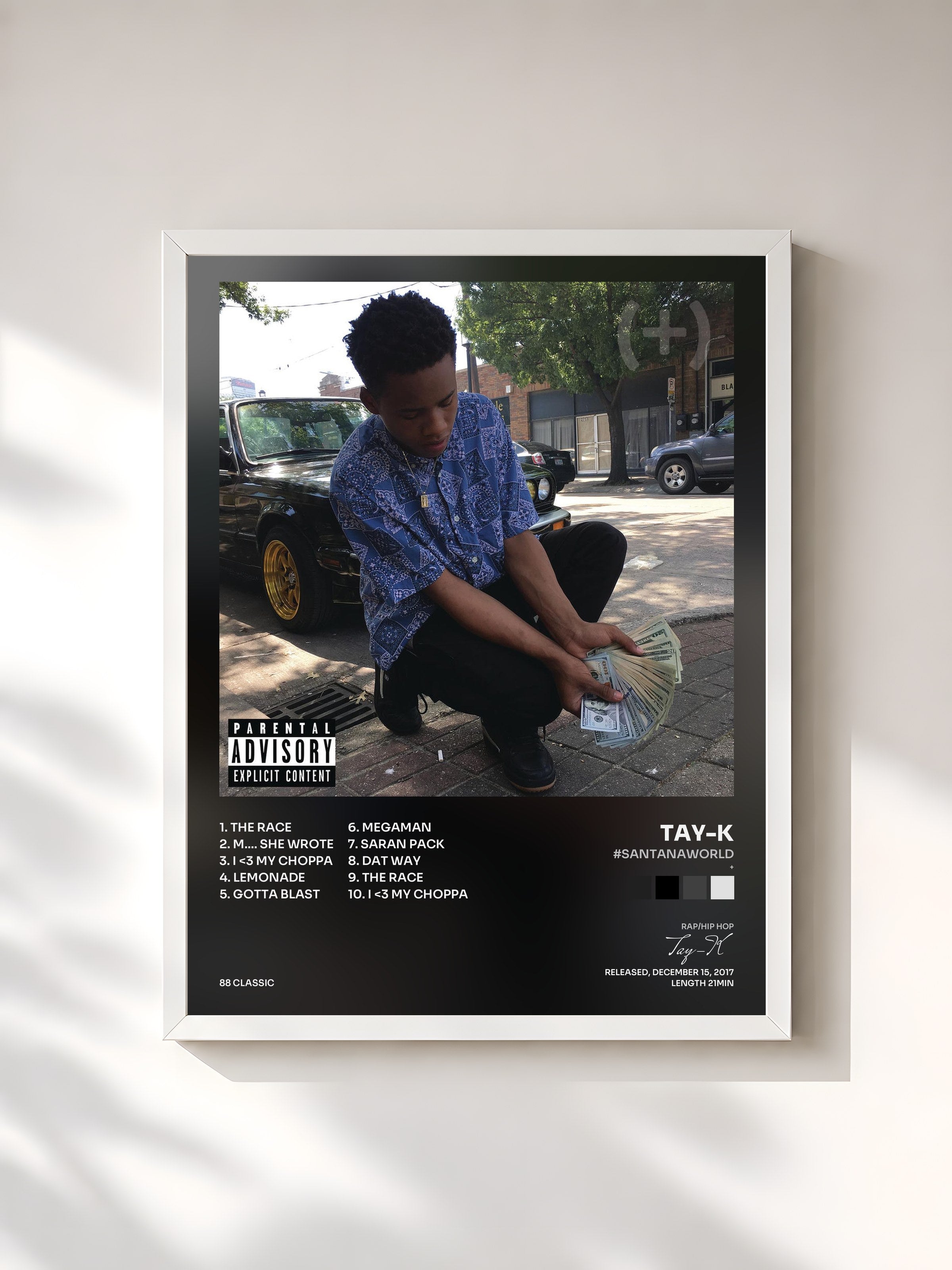 #blanc Tableau de l'album #SantanaWorld (+) de Tay-K, cadre blanc, imprimé et encadré en France