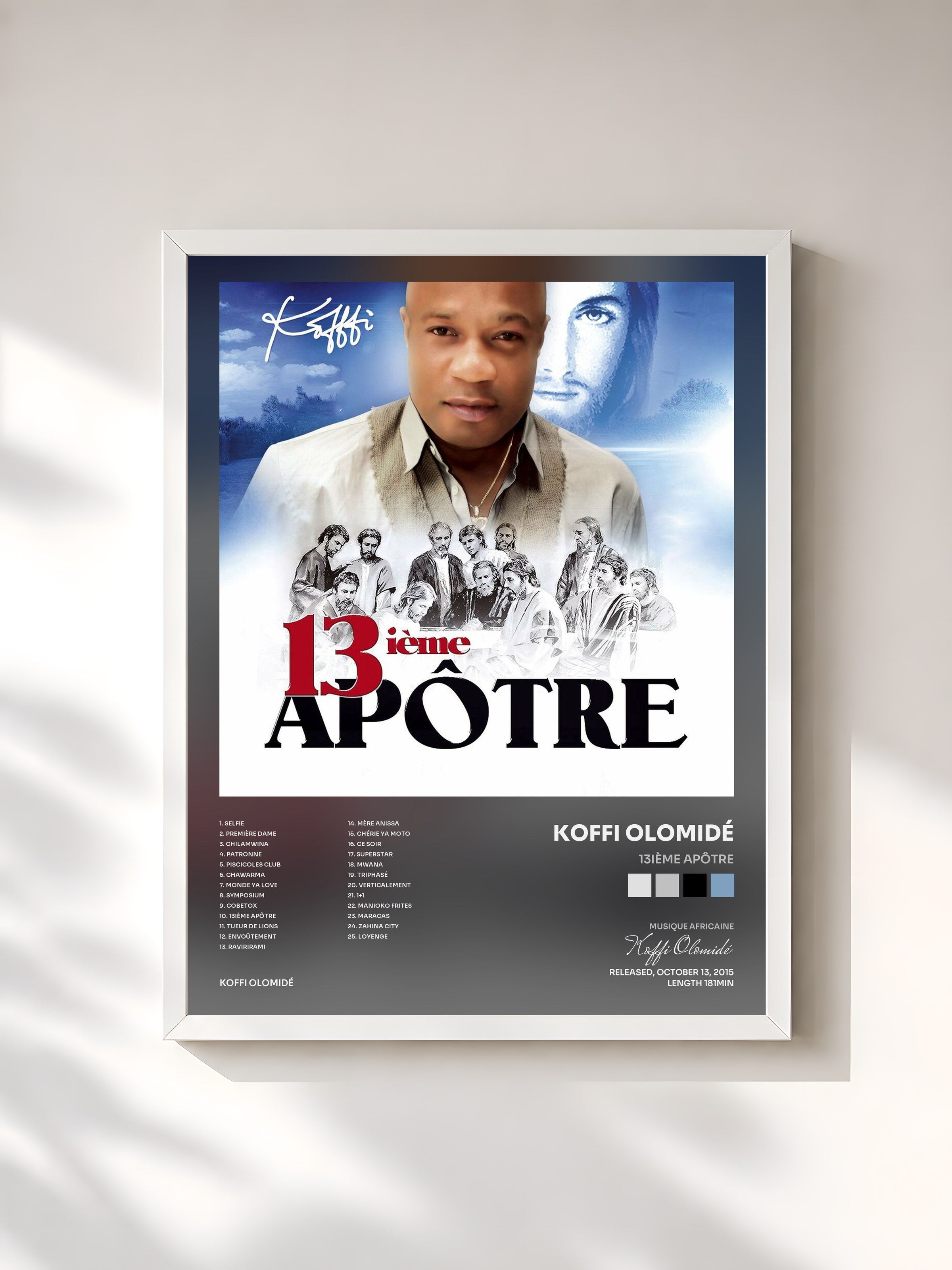 #blanc Tableau de l'album 13ième apôtre de Koffi Olomidé, cadre blanc, imprimé et encadré en France