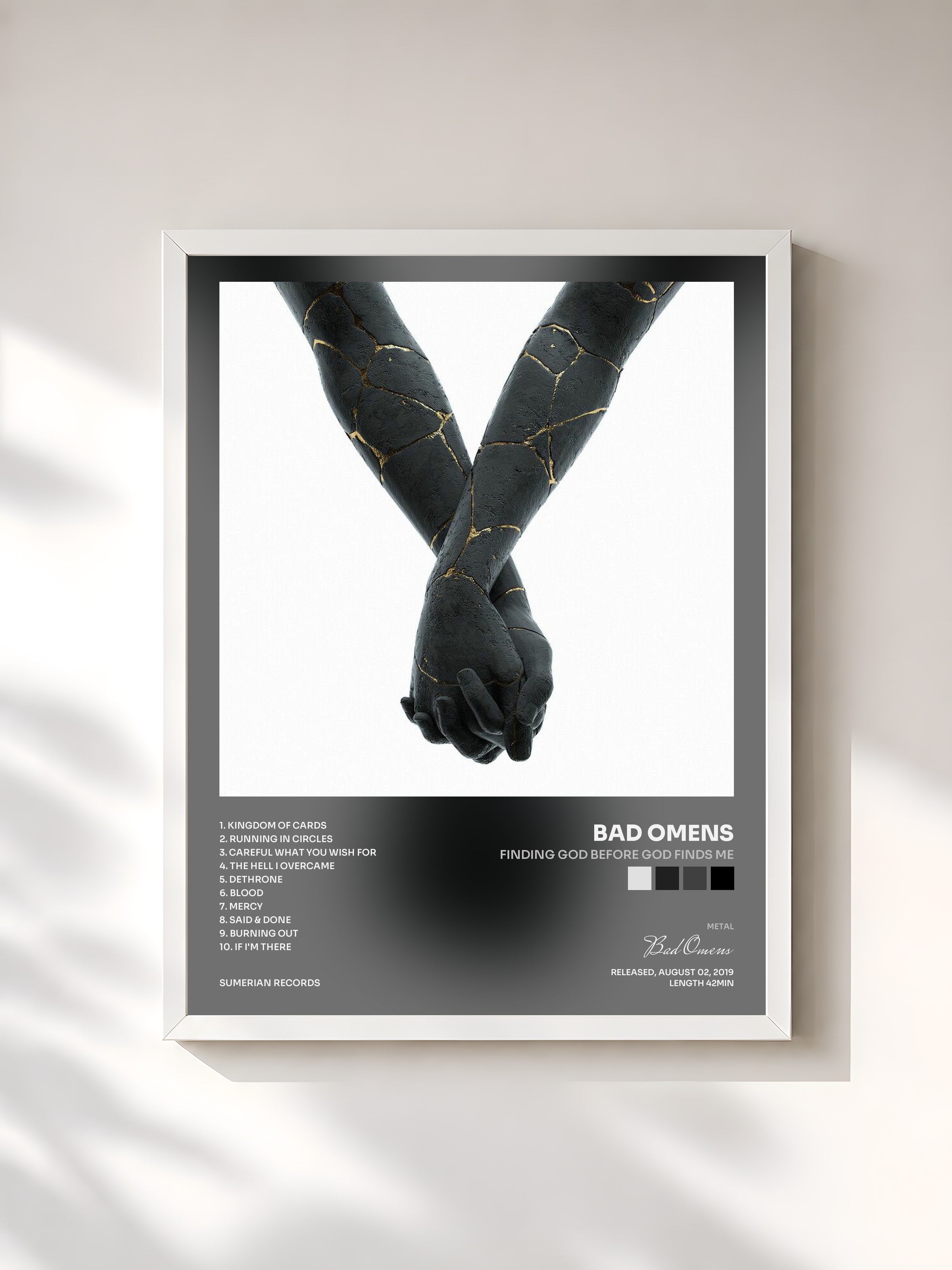 #blanc Tableau de l'album Finding God Before God Finds Me de Bad Omens, cadre blanc, imprimé et encadré en France
