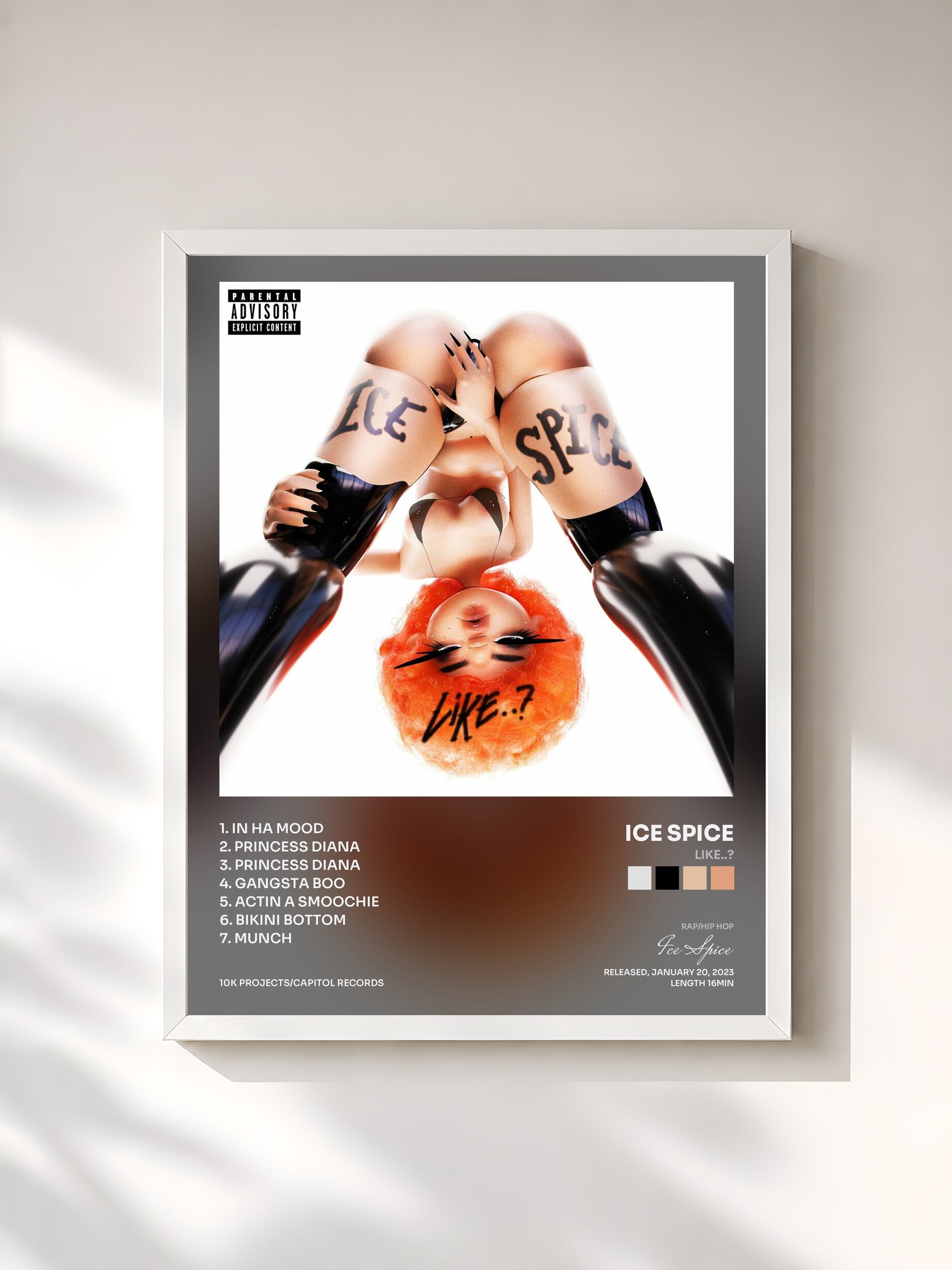 #blanc Tableau de l'album Like..? de Ice Spice, cadre blanc, imprimé et encadré en France
