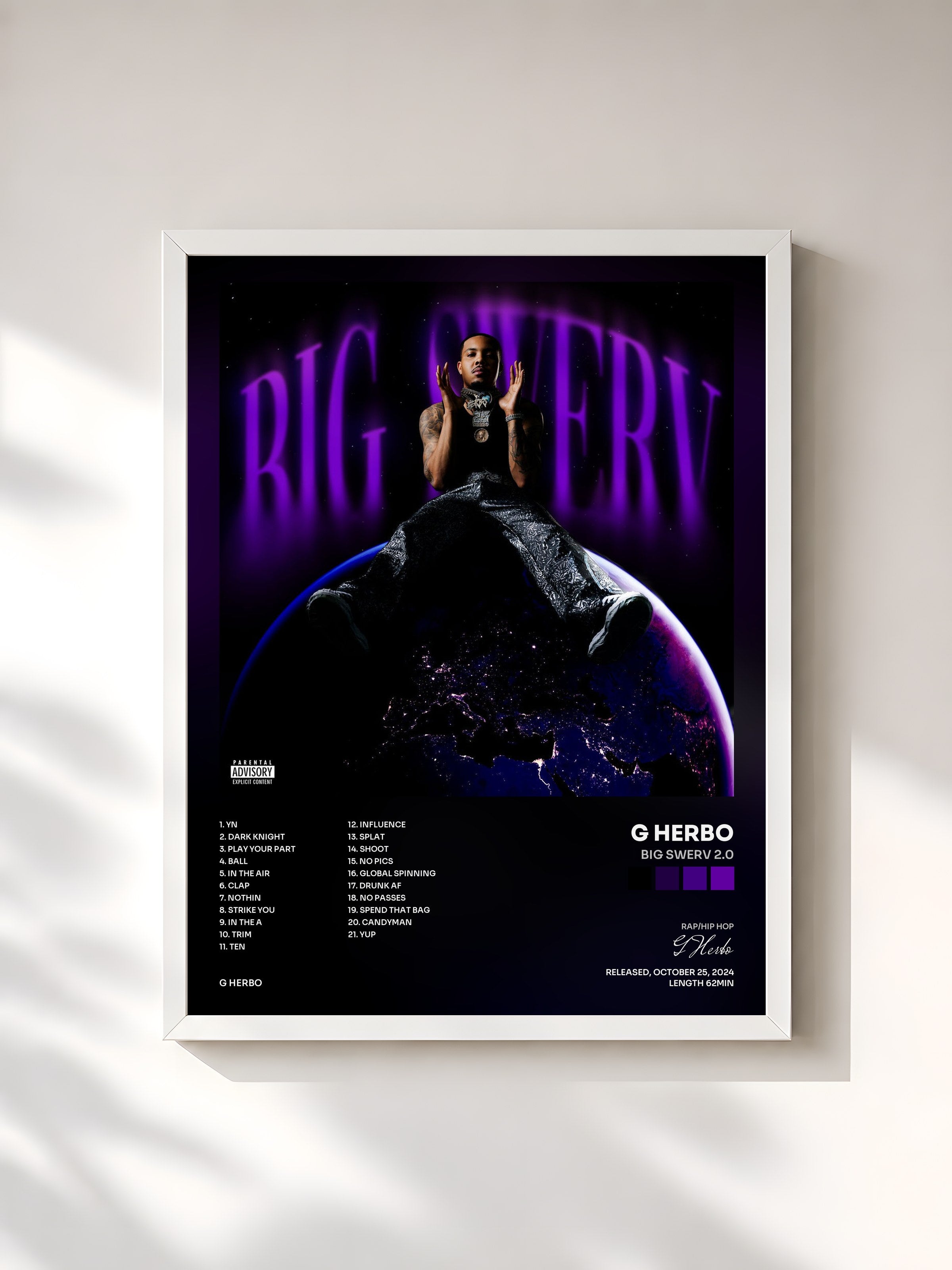 #blanc Tableau de l'album Big Swerv 2.0 de G Herbo, cadre blanc, imprimé et encadré en France