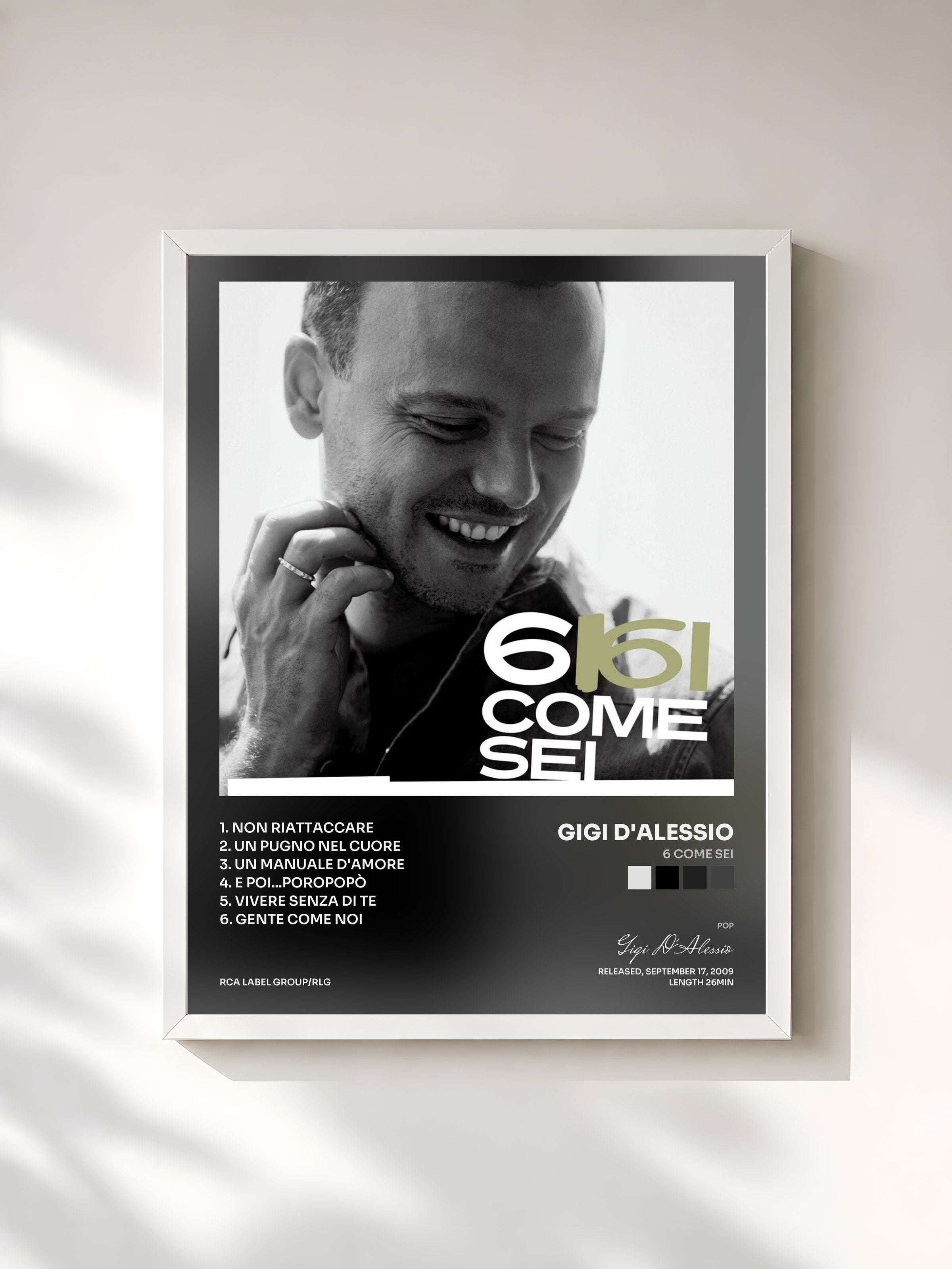 #blanc Tableau de l'album 6 Come Sei de Gigi D'Alessio, cadre blanc, imprimé et encadré en France