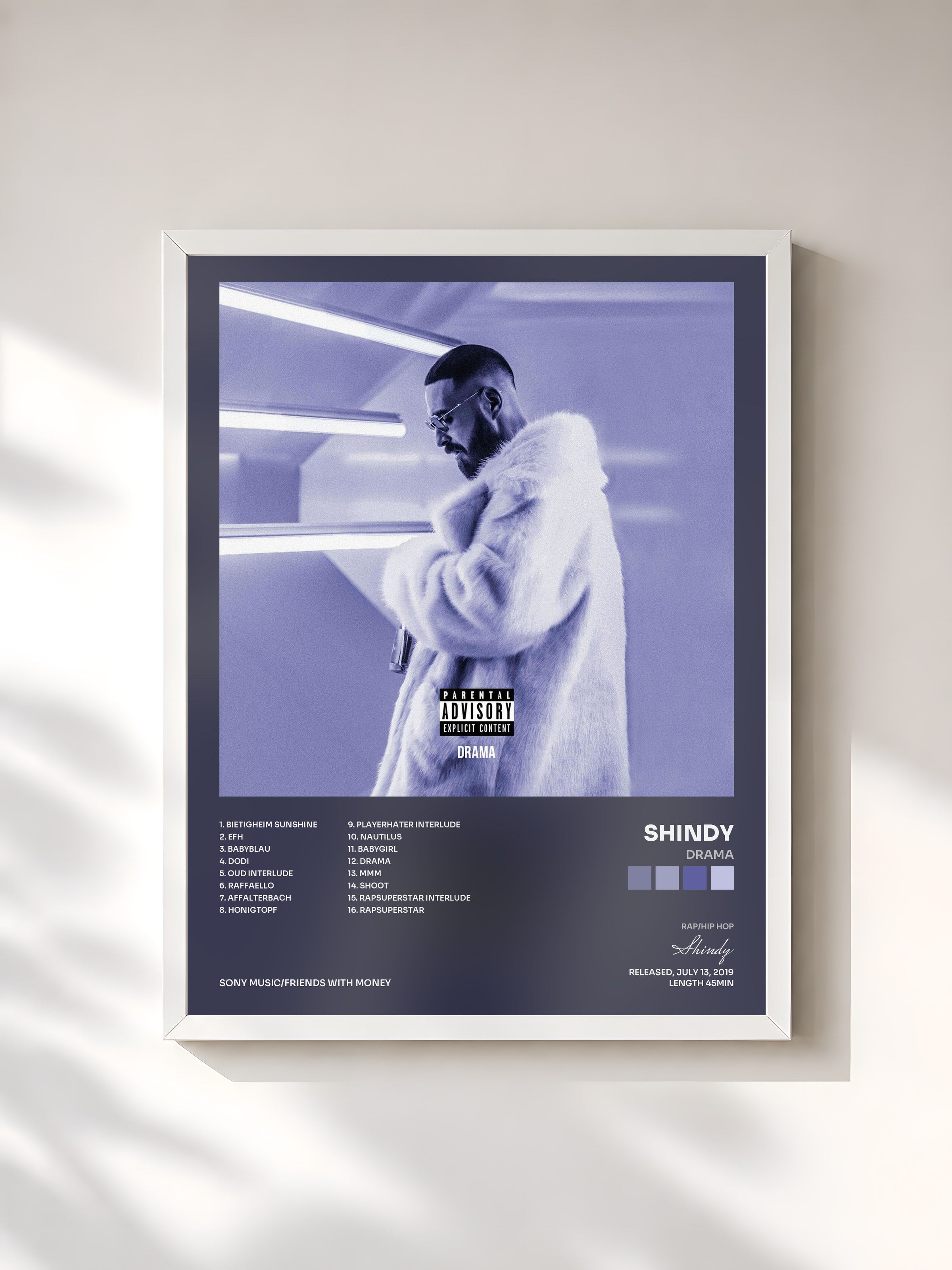 #blanc Tableau de l'album Drama de Shindy, cadre blanc, imprimé et encadré en France
