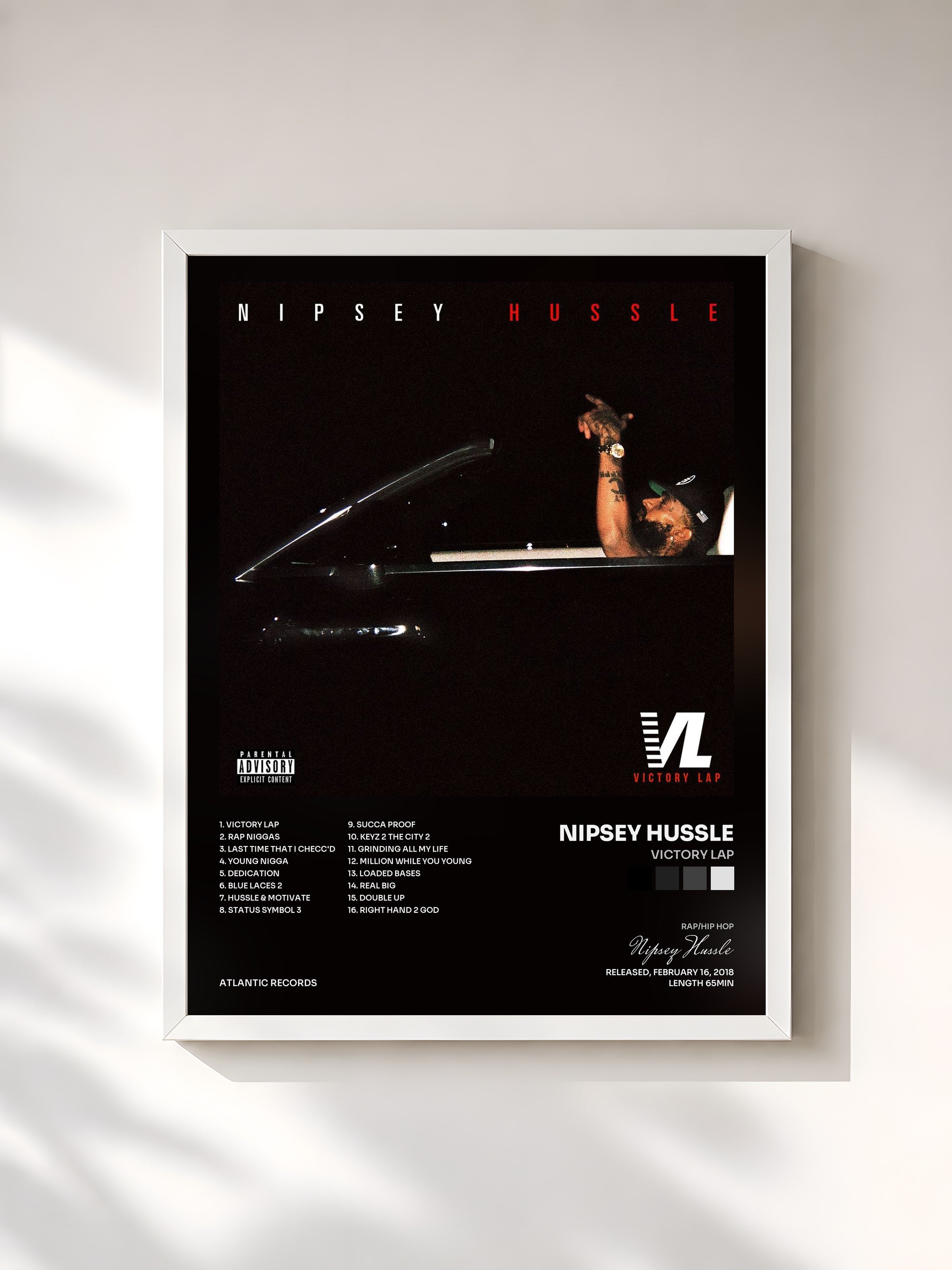 #blanc Tableau de l'album Victory Lap de Nipsey Hussle, cadre blanc, imprimé et encadré en France