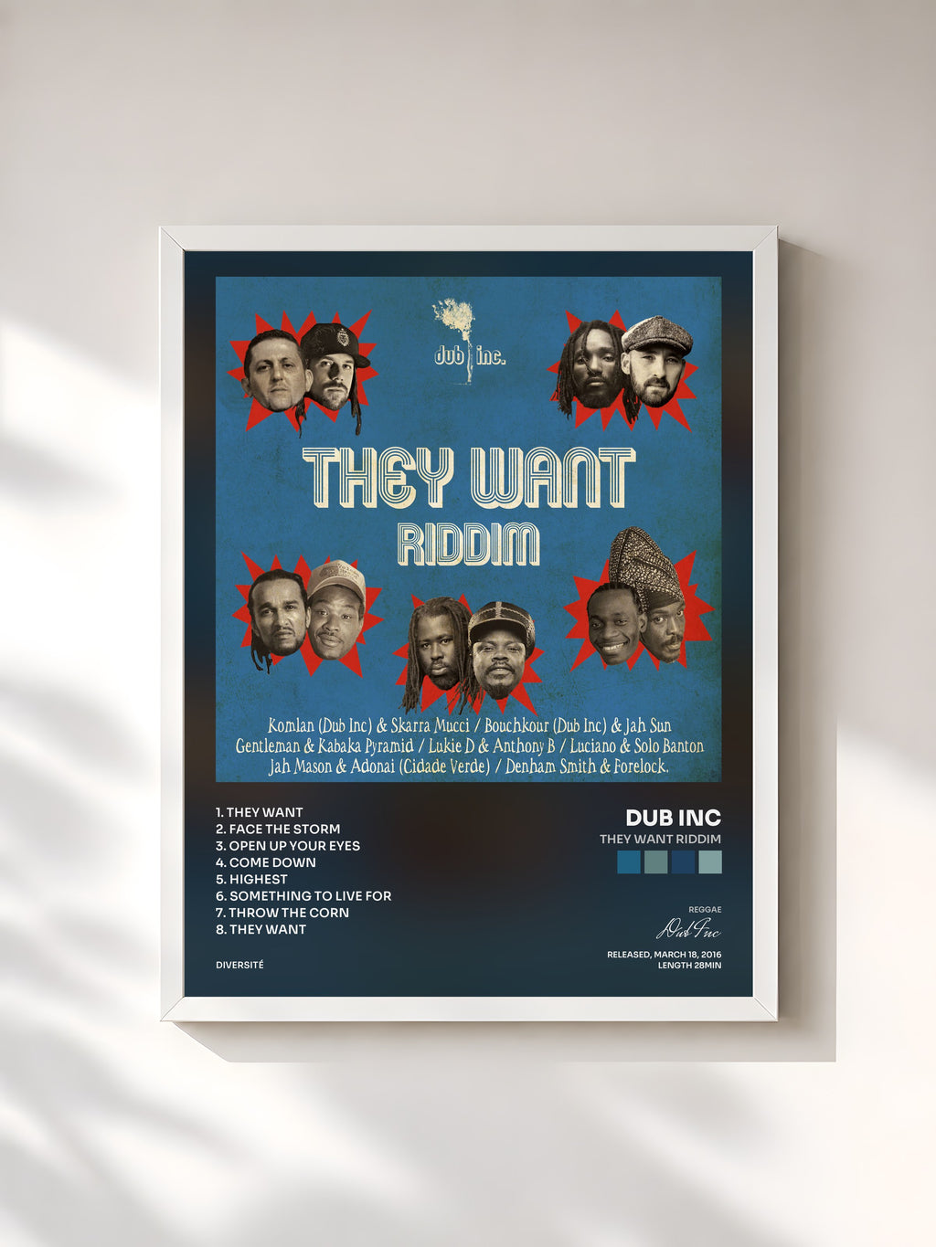 #blanc Tableau de l'album They Want Riddim de Dub Inc, cadre blanc, imprimé et encadré en France