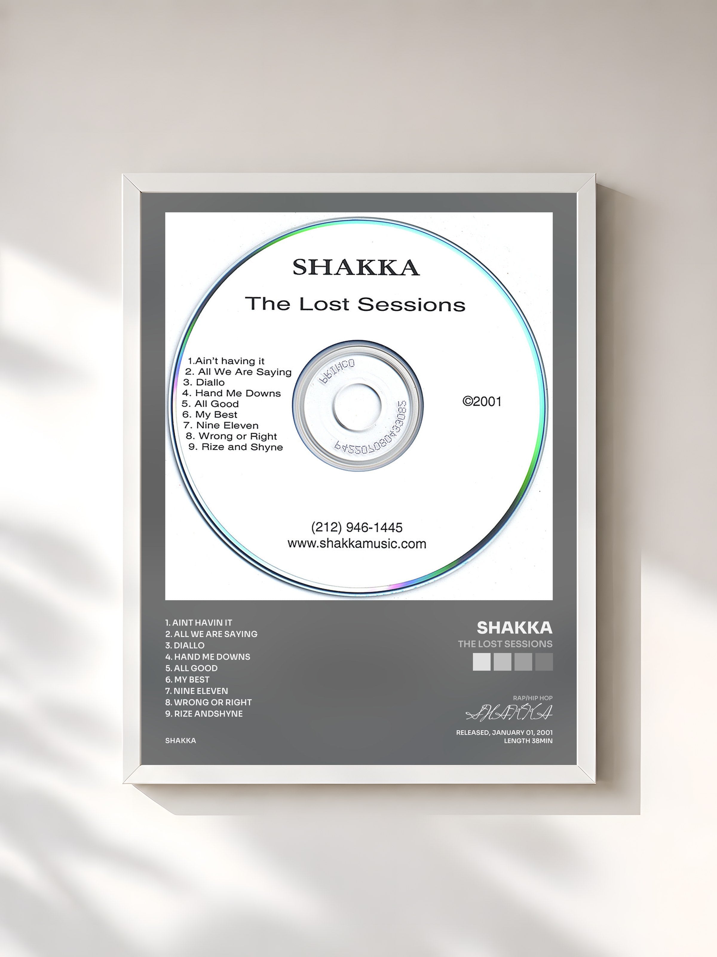 #blanc Tableau de l'album The Lost Sessions de SHAKKA, cadre blanc, imprimé et encadré en France