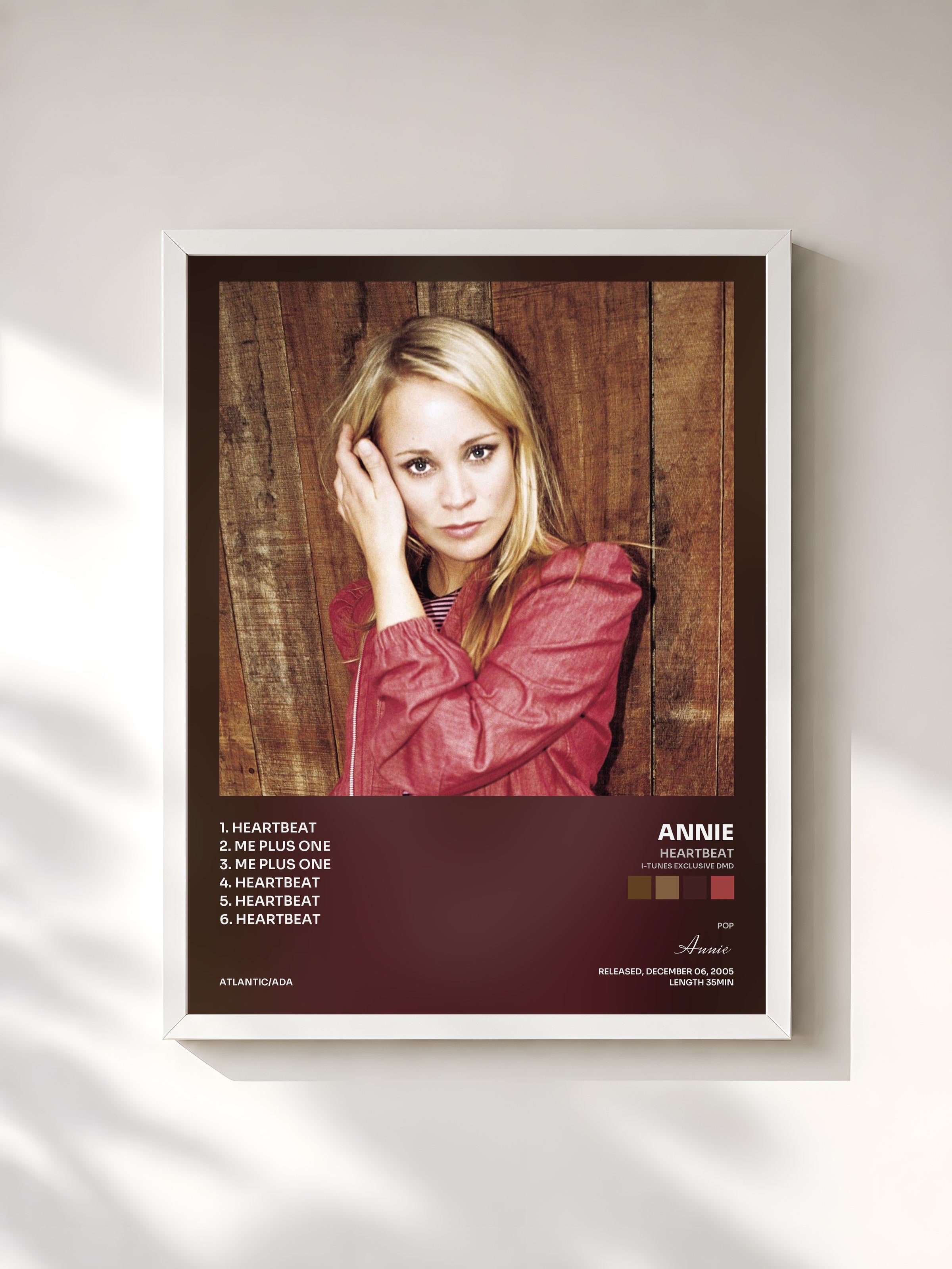 #blanc Tableau de l'album Heartbeat (i-Tunes exclusive DMD) de Annie, cadre blanc, imprimé et encadré en France