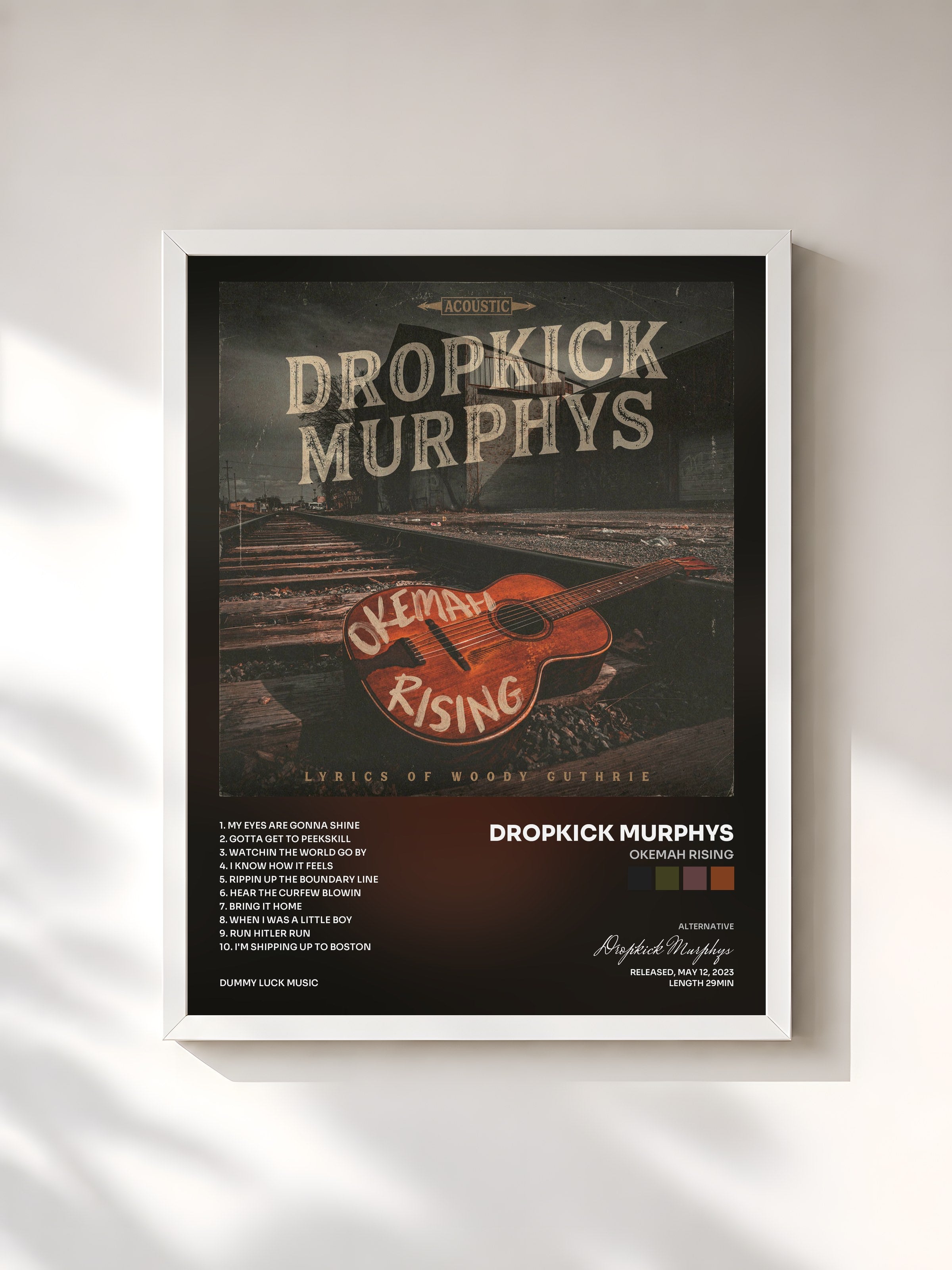 #blanc Tableau de l'album Okemah Rising de Dropkick Murphys, cadre blanc, imprimé et encadré en France