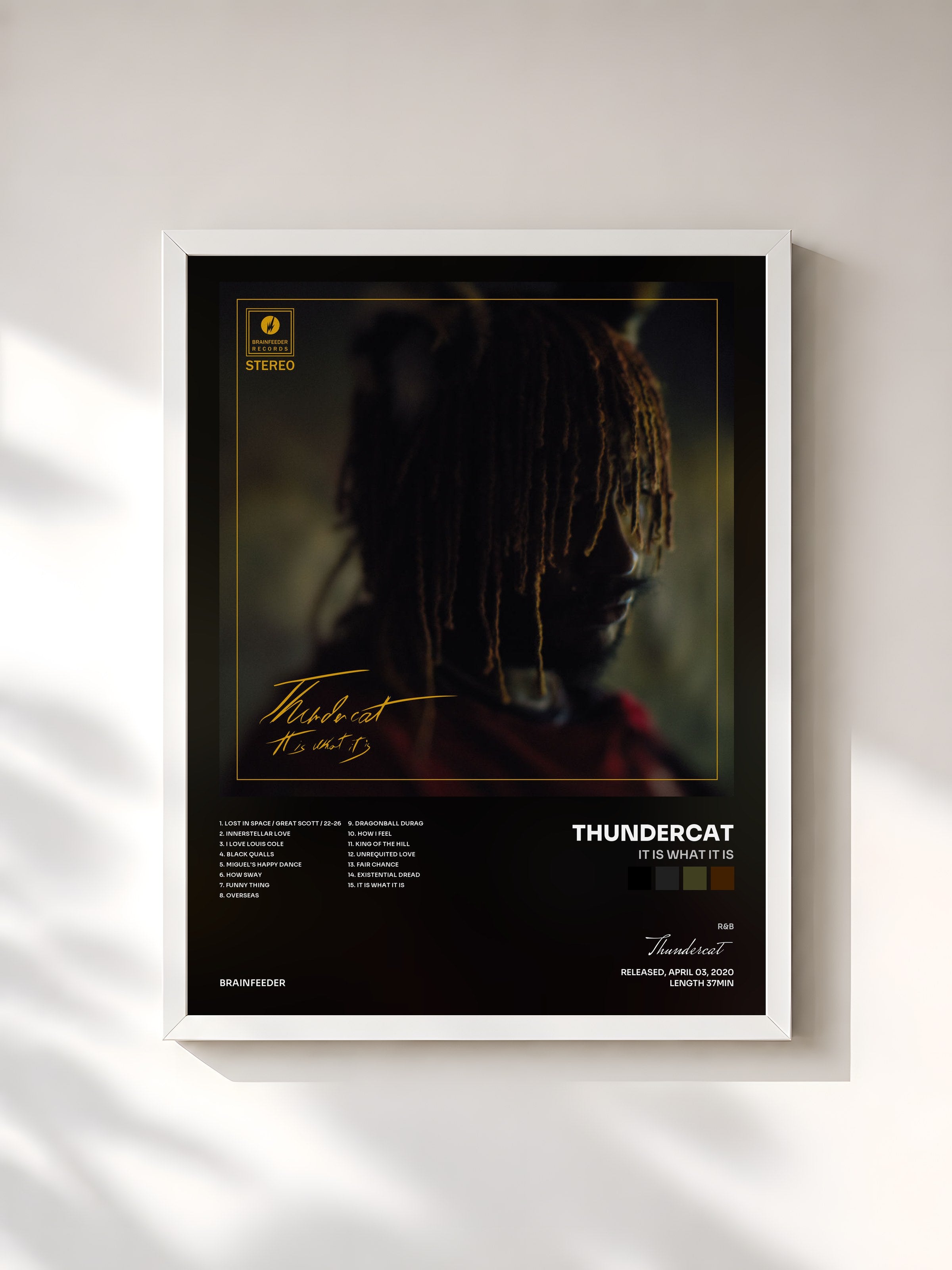 #blanc Tableau de l'album It Is What It Is de Thundercat, cadre blanc, imprimé et encadré en France