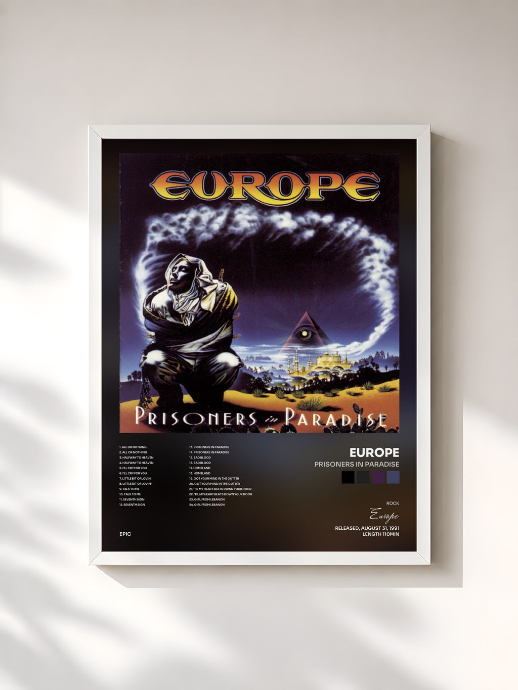 #blanc Tableau de l'album Prisoners In Paradise de Europe, cadre blanc, imprimé et encadré en France