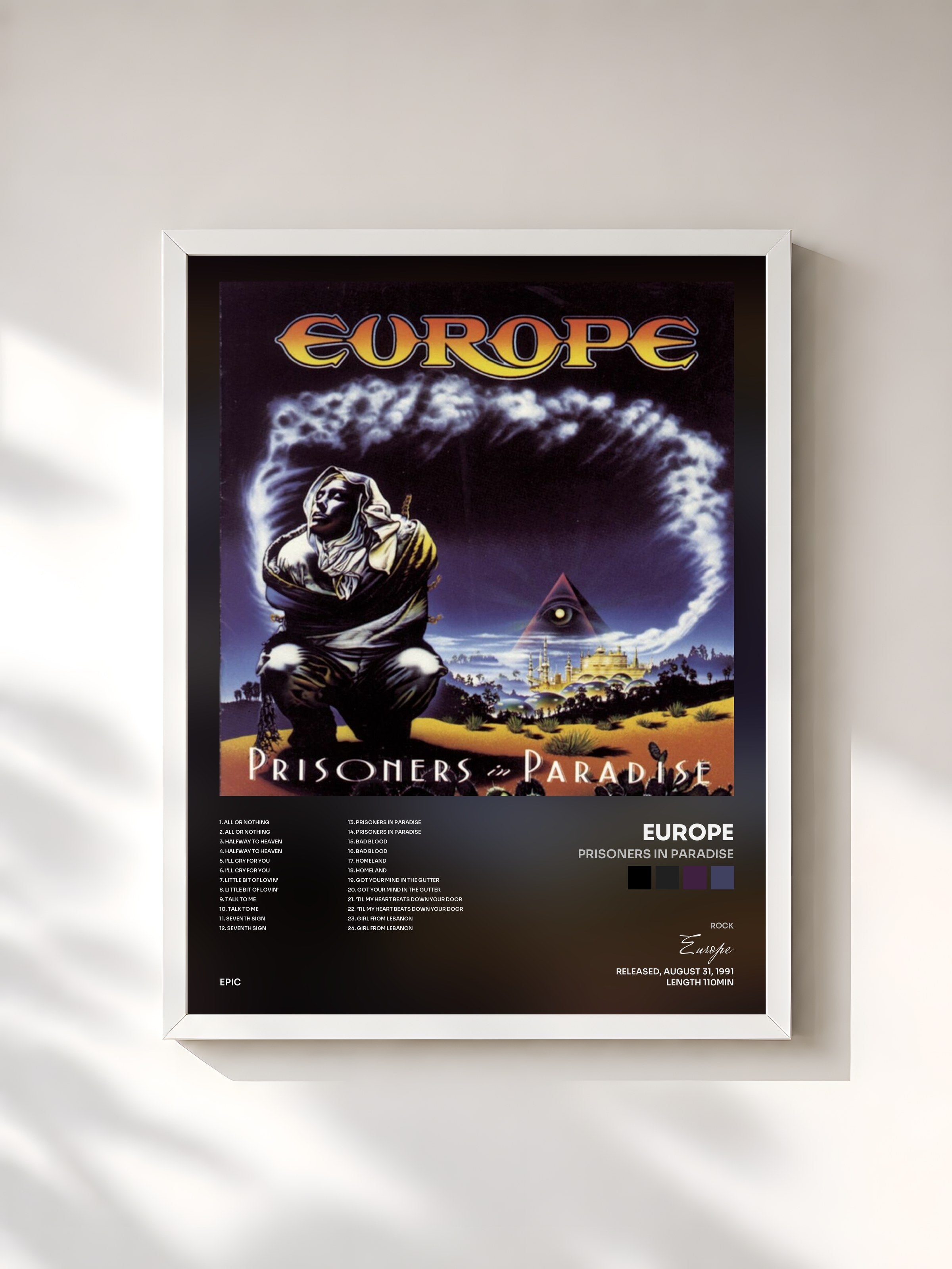 #blanc Tableau de l'album Prisoners In Paradise de Europe, cadre blanc, imprimé et encadré en France