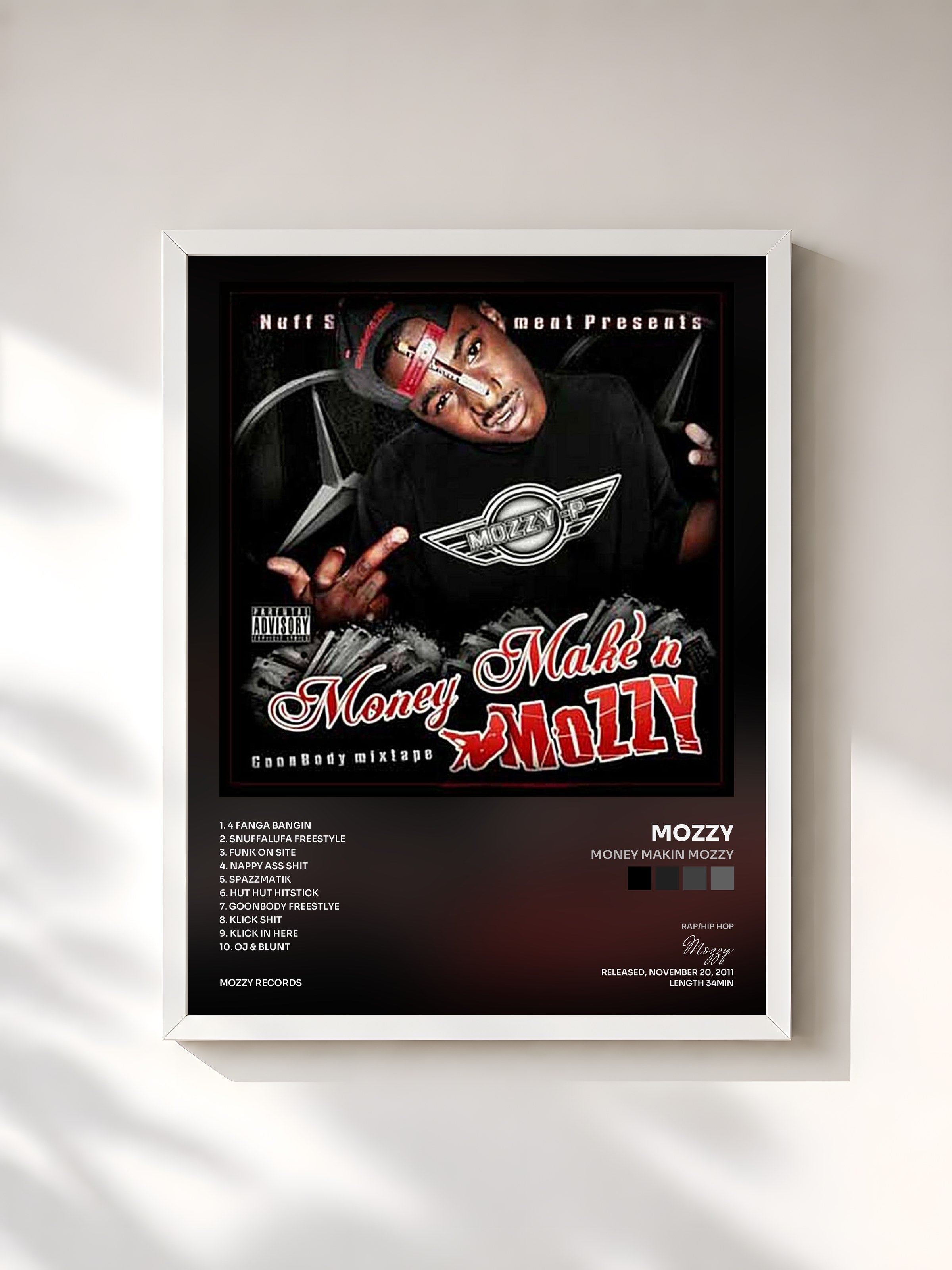 #blanc Tableau de l'album Money Makin Mozzy de Mozzy, cadre blanc, imprimé et encadré en France