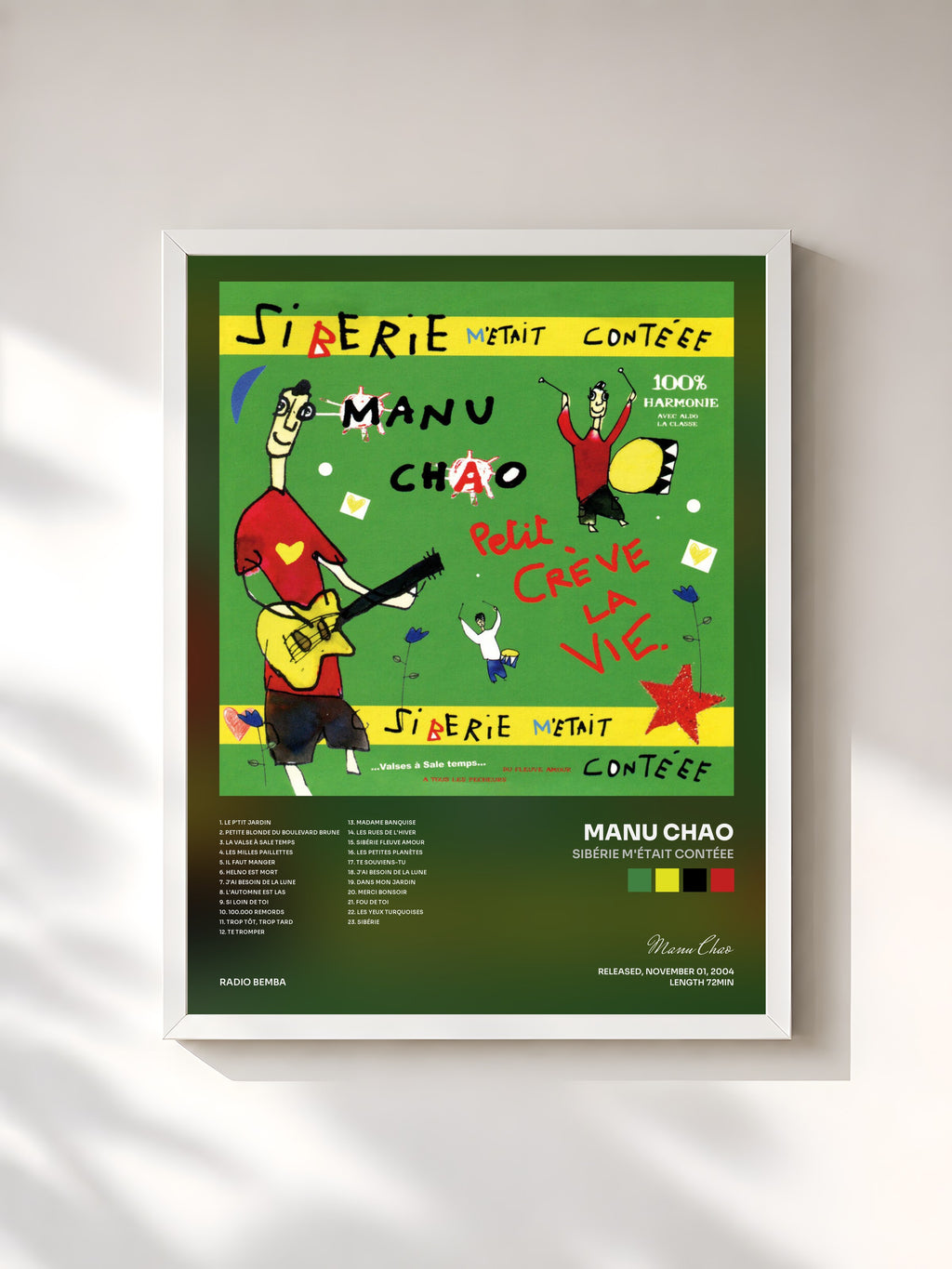 #blanc Tableau de l'album Sibérie m'était contéee de Manu Chao, cadre blanc, imprimé et encadré en France