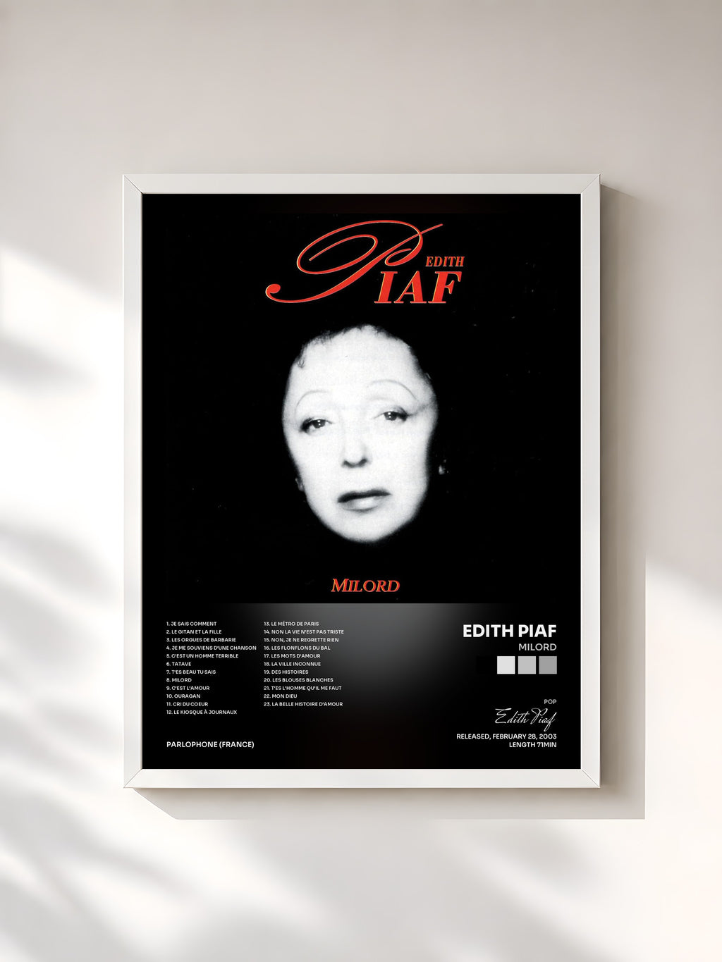 #blanc Tableau de l'album milord de Edith Piaf, cadre blanc, imprimé et encadré en France