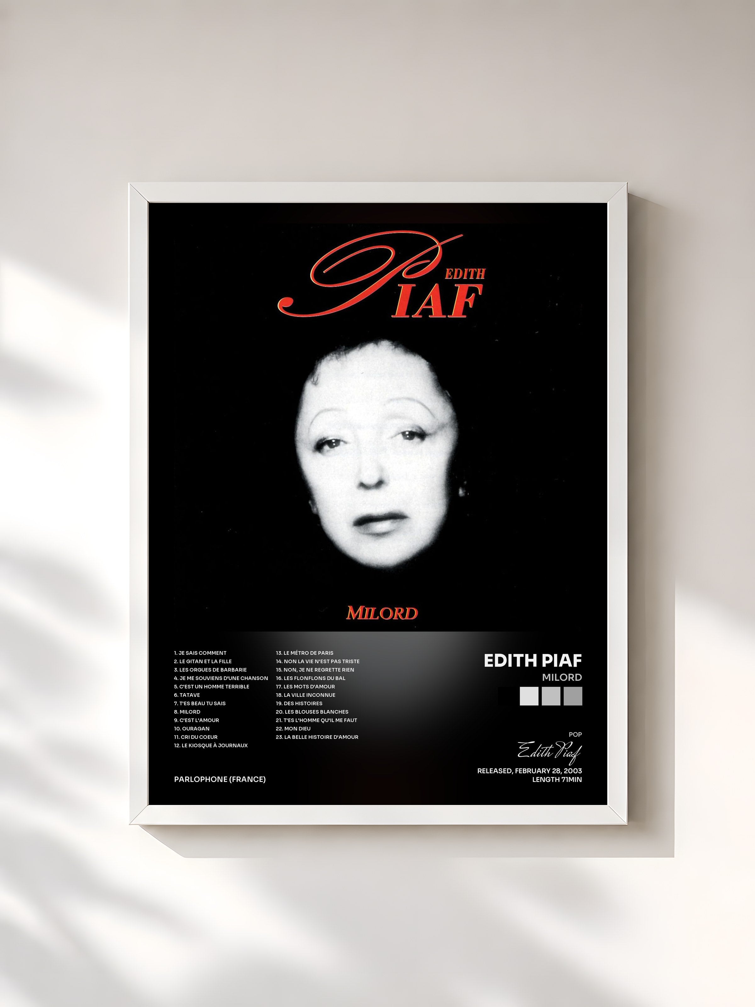 #blanc Tableau de l'album milord de Edith Piaf, cadre blanc, imprimé et encadré en France