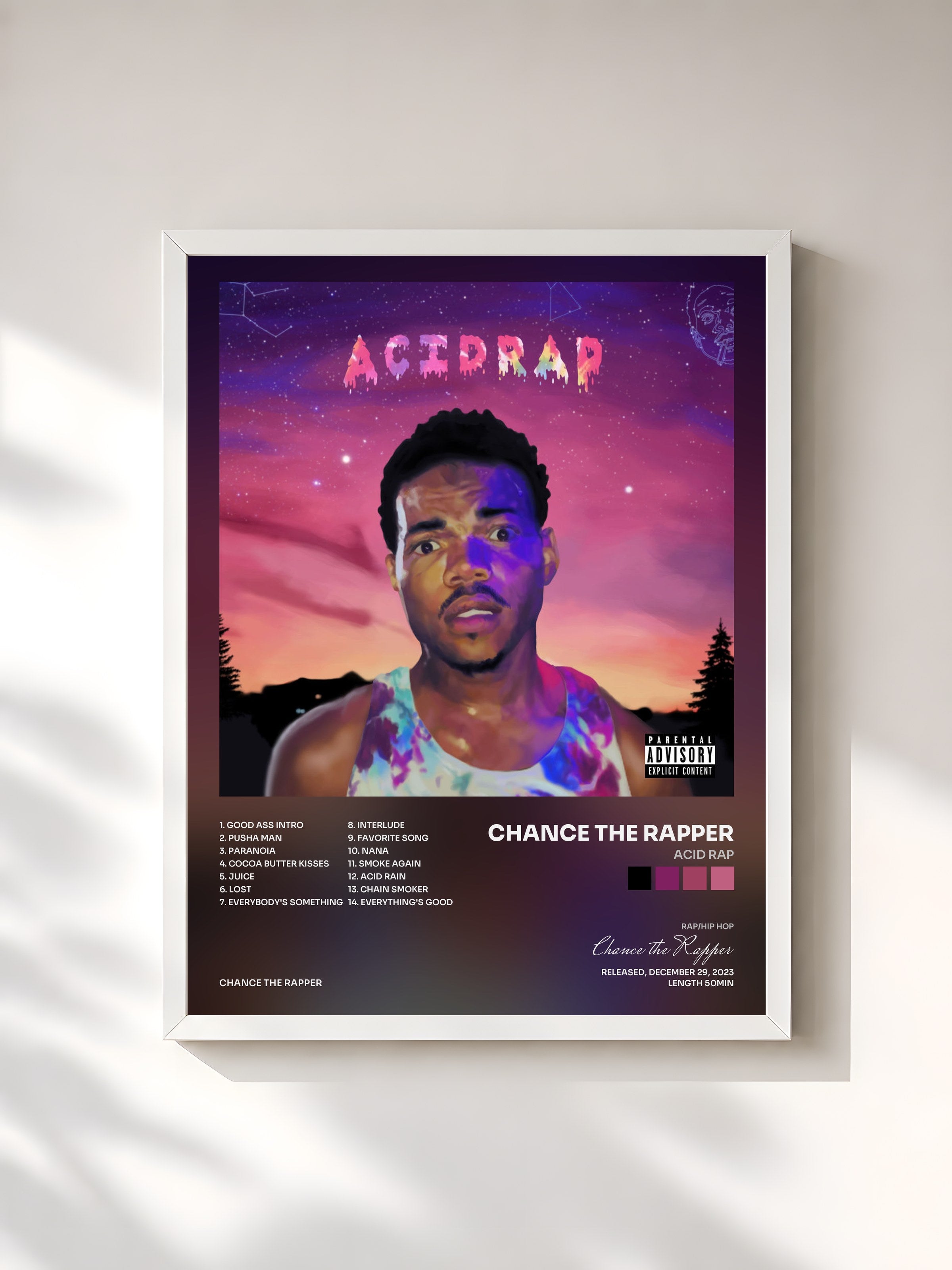 #blanc Tableau de l'album Acid Rap de Chance the Rapper, cadre blanc, imprimé et encadré en France
