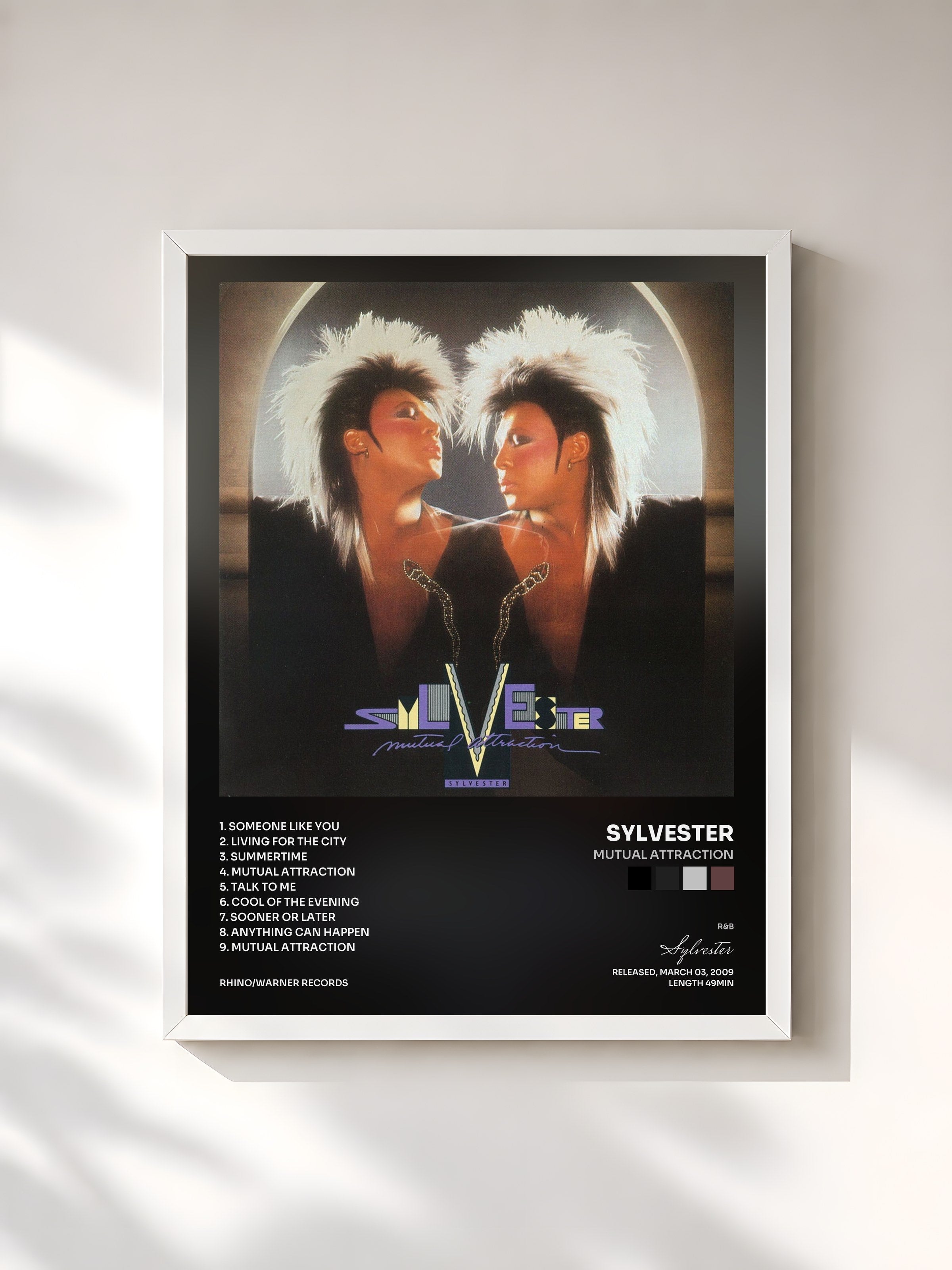 #blanc Tableau de l'album Mutual Attraction de Sylvester, cadre blanc, imprimé et encadré en France