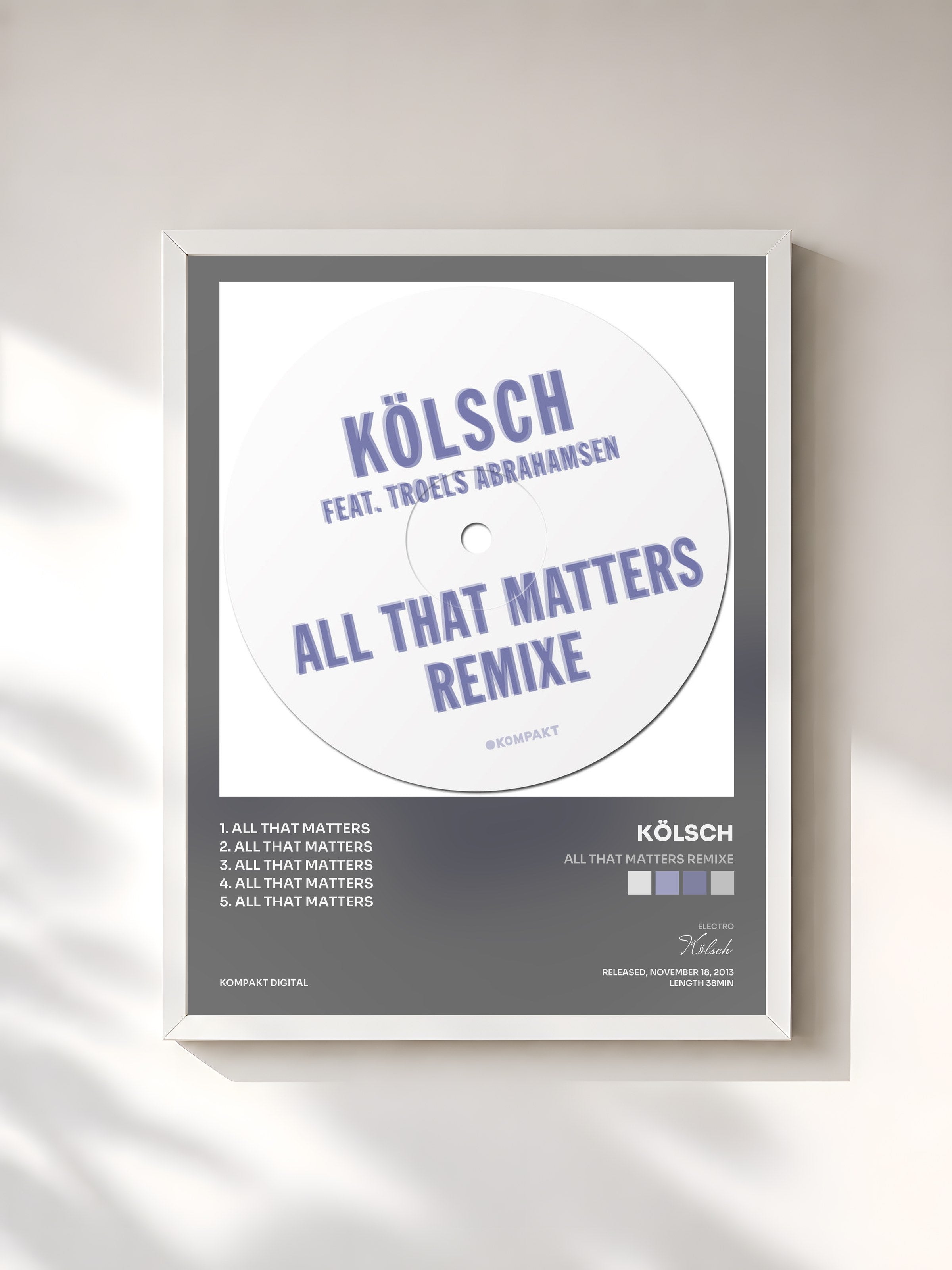 #blanc Tableau de l'album All That Matters Remixe de Kölsch, cadre blanc, imprimé et encadré en France