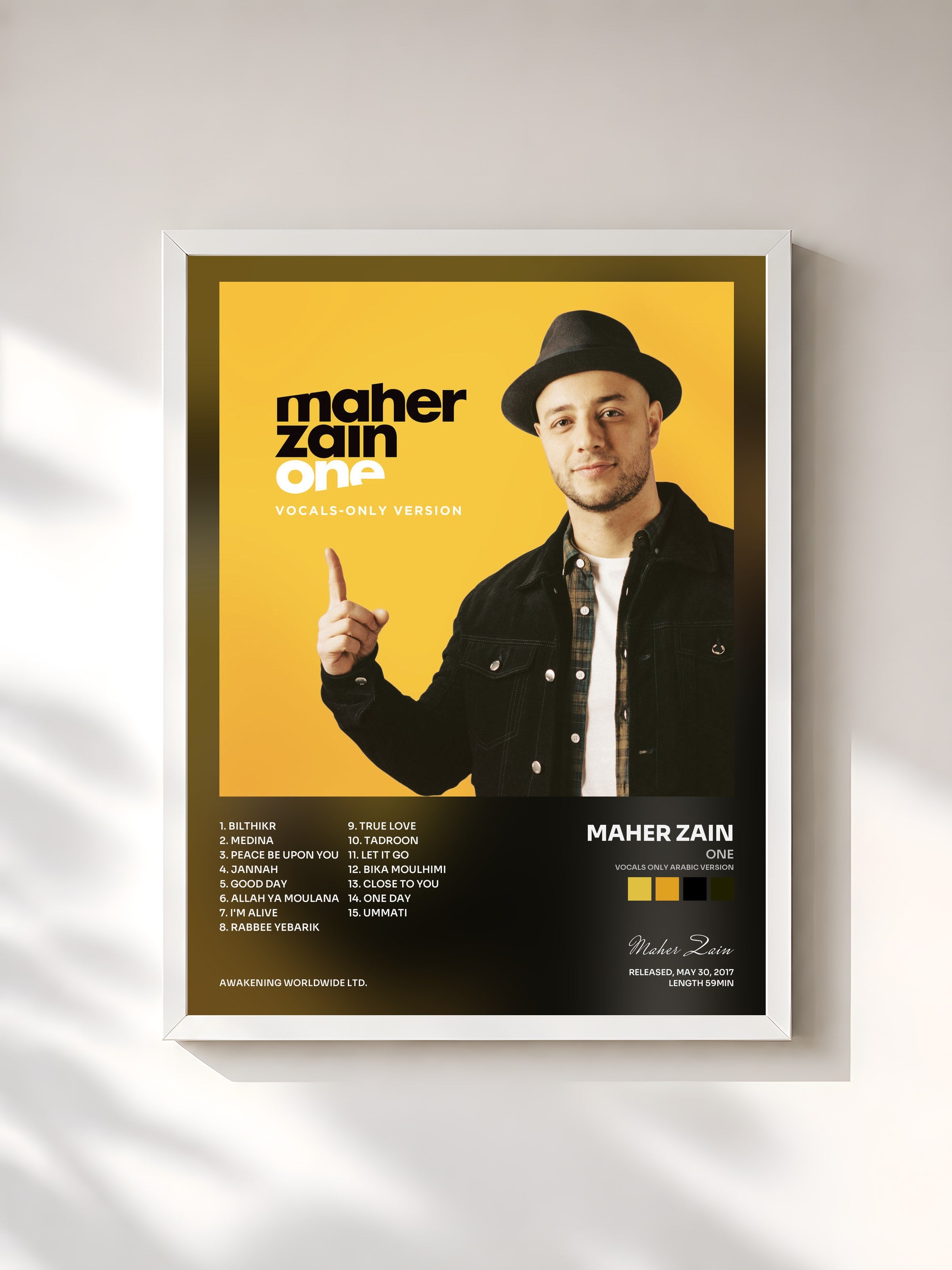 #blanc Tableau de l'album One (Vocals Only Arabic Version) de Maher Zain, cadre blanc, imprimé et encadré en France