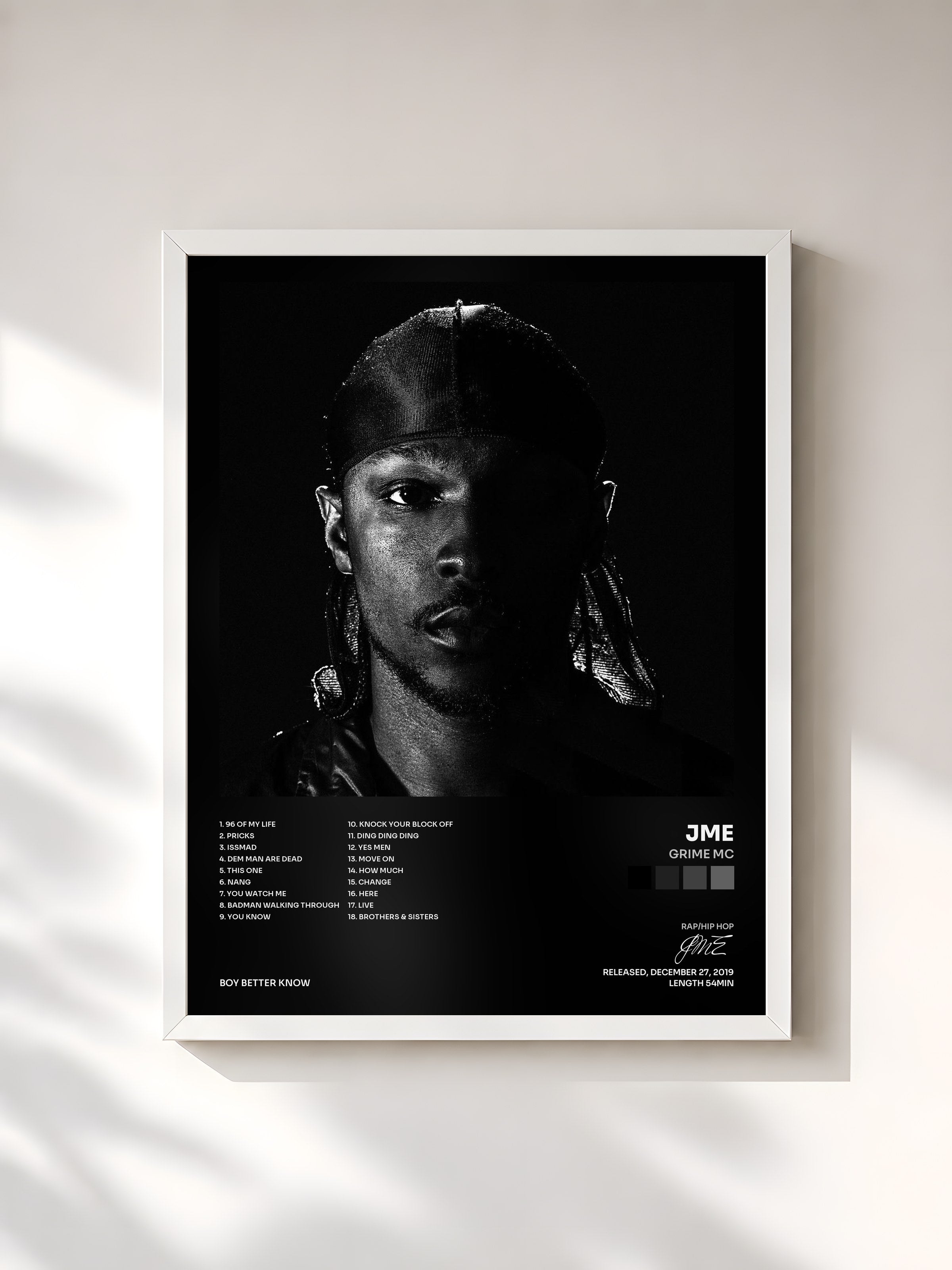 #blanc Tableau de l'album Grime MC de JME, cadre blanc, imprimé et encadré en France