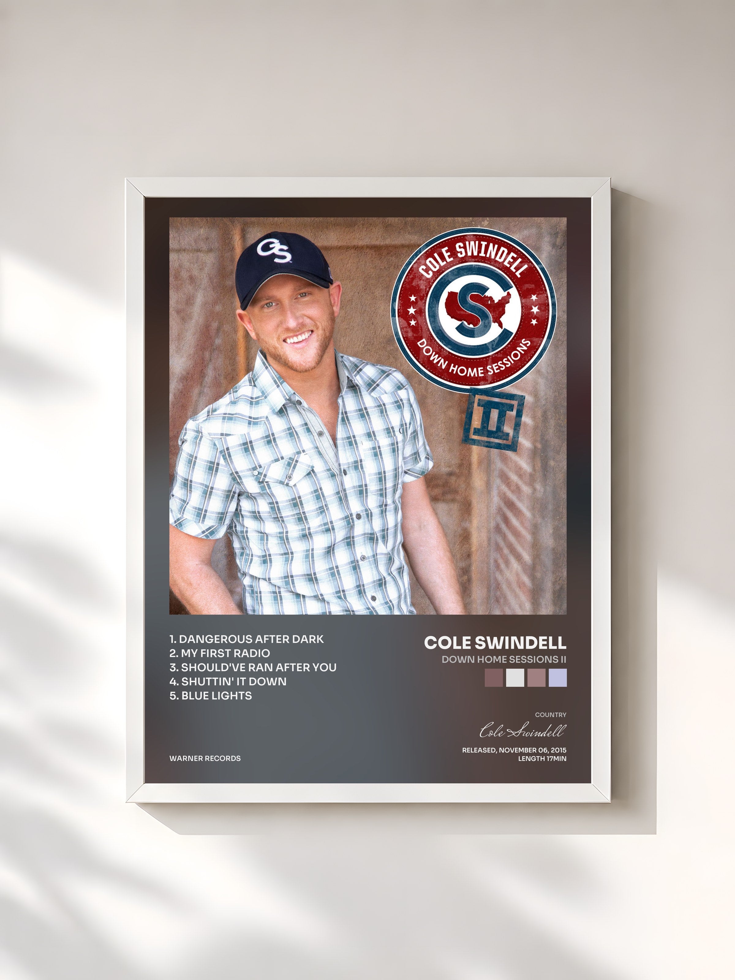 #blanc Tableau de l'album Down Home Sessions II de Cole Swindell, cadre blanc, imprimé et encadré en France