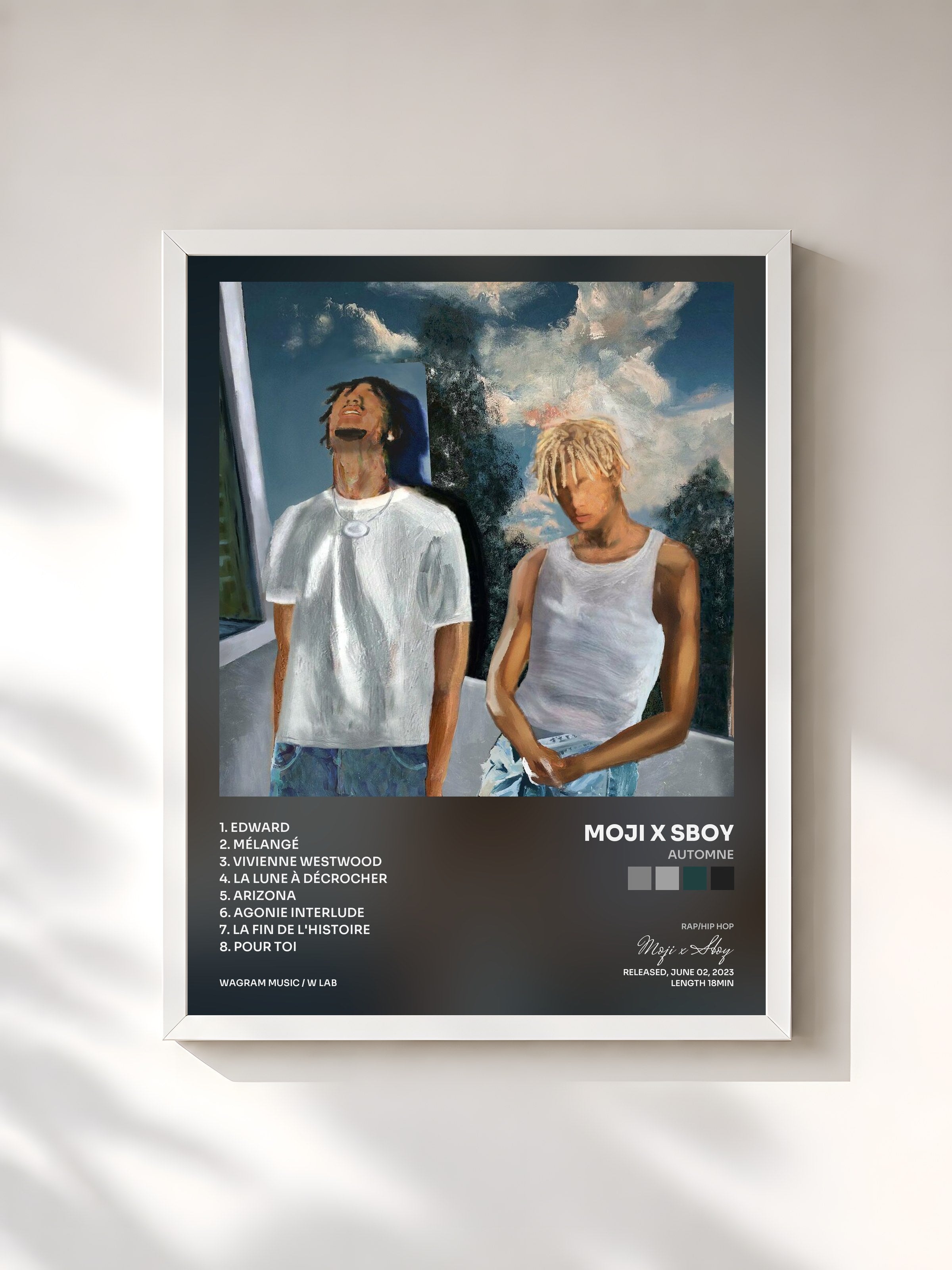 #blanc Tableau de l'album AUTOMNE de Moji x Sboy, cadre blanc, imprimé et encadré en France